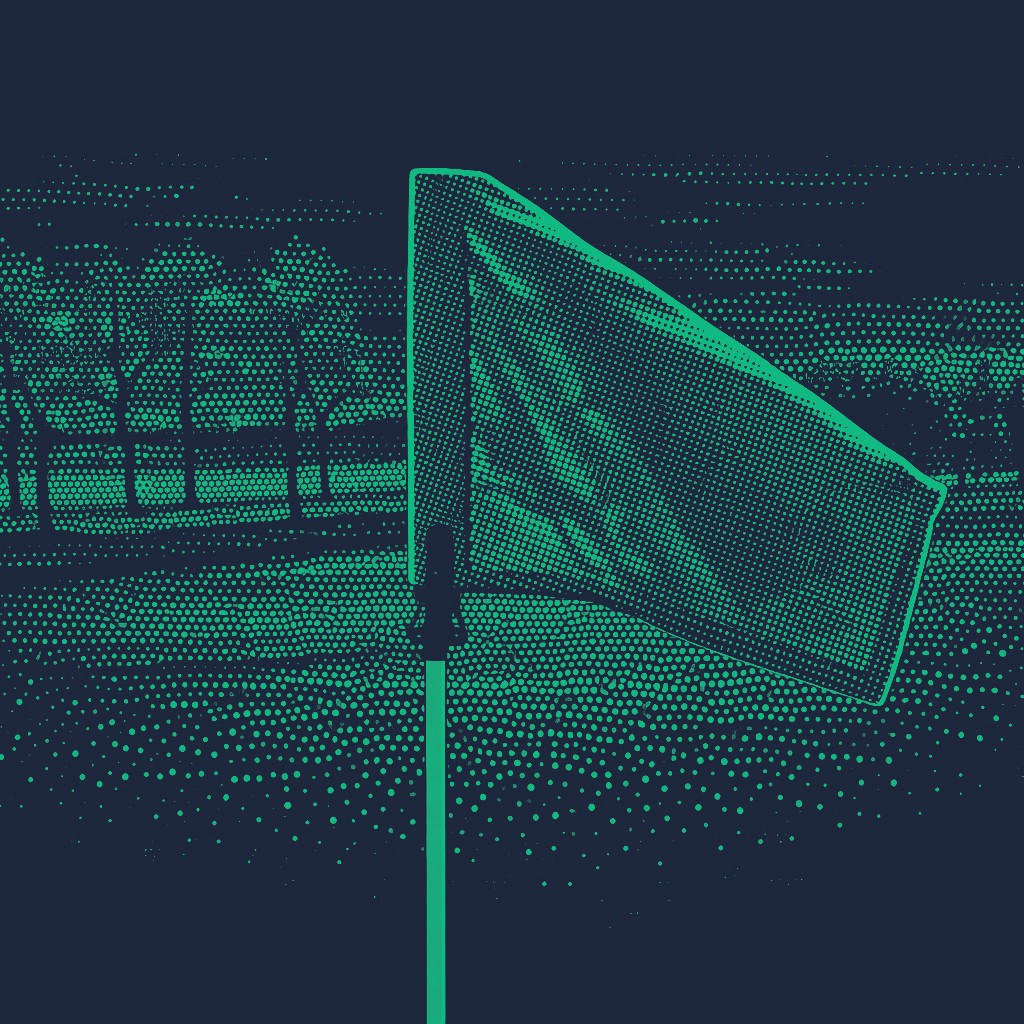 A high-contrast teal illustration in a halftone dot style, featuring a golf pin flag blowing in the wind on a green. In the background, the silhouettes of trees line the edge of the fairway under a dark sky.