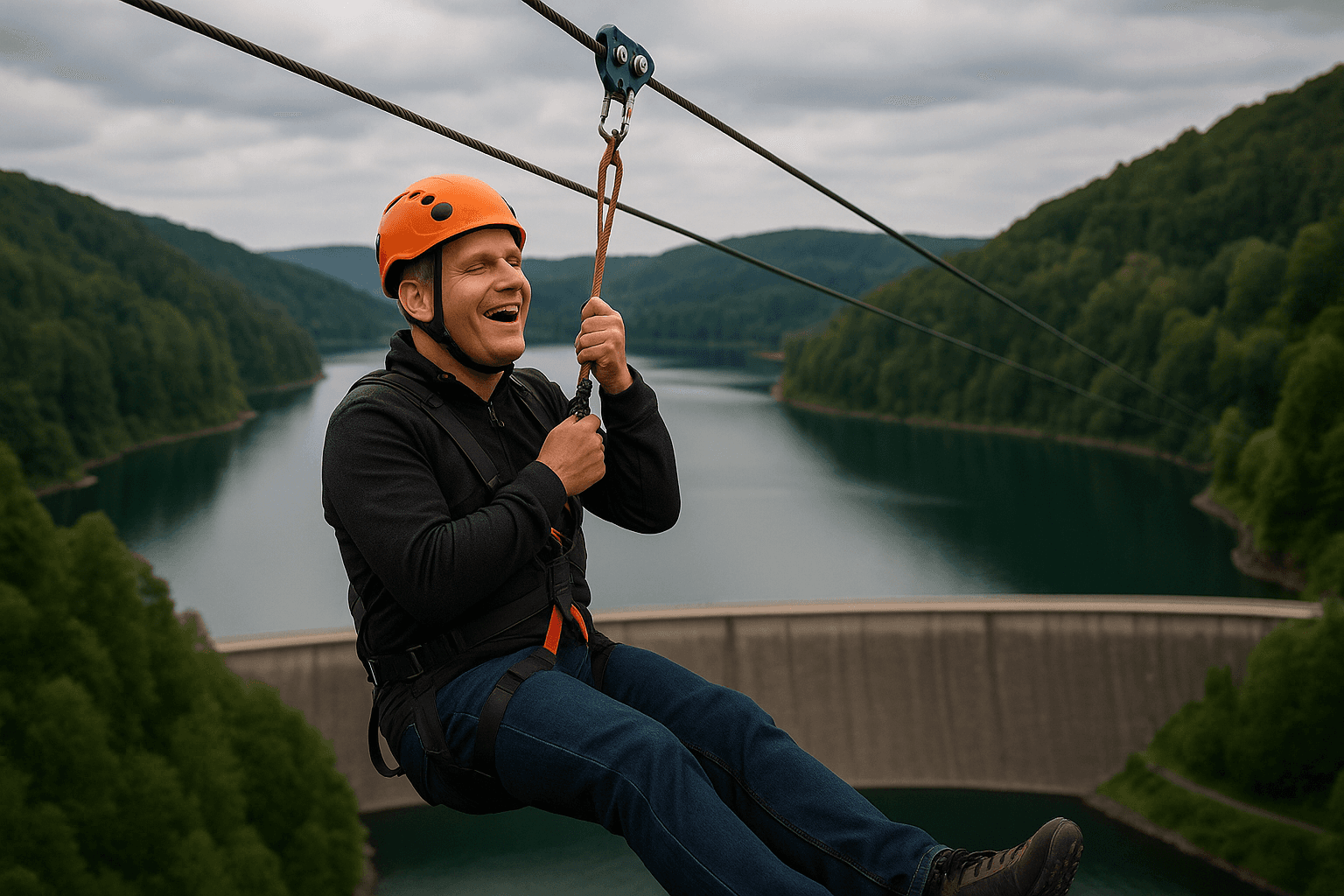 Ein lachender, geburtsblinder Mann mit orangefarbenem Helm und schwarzem Sicherheitsgurt schwebt an einer Zipline hoch über einer Talsperre. Im Hintergrund erstreckt sich ein ruhiger Stausee, gesäumt von bewaldeten Hügeln unter einem wolkigen Himmel. Der Mann wirkt befreit und voller Lebensfreude, während das Seil ihn durch die Luft trägt.