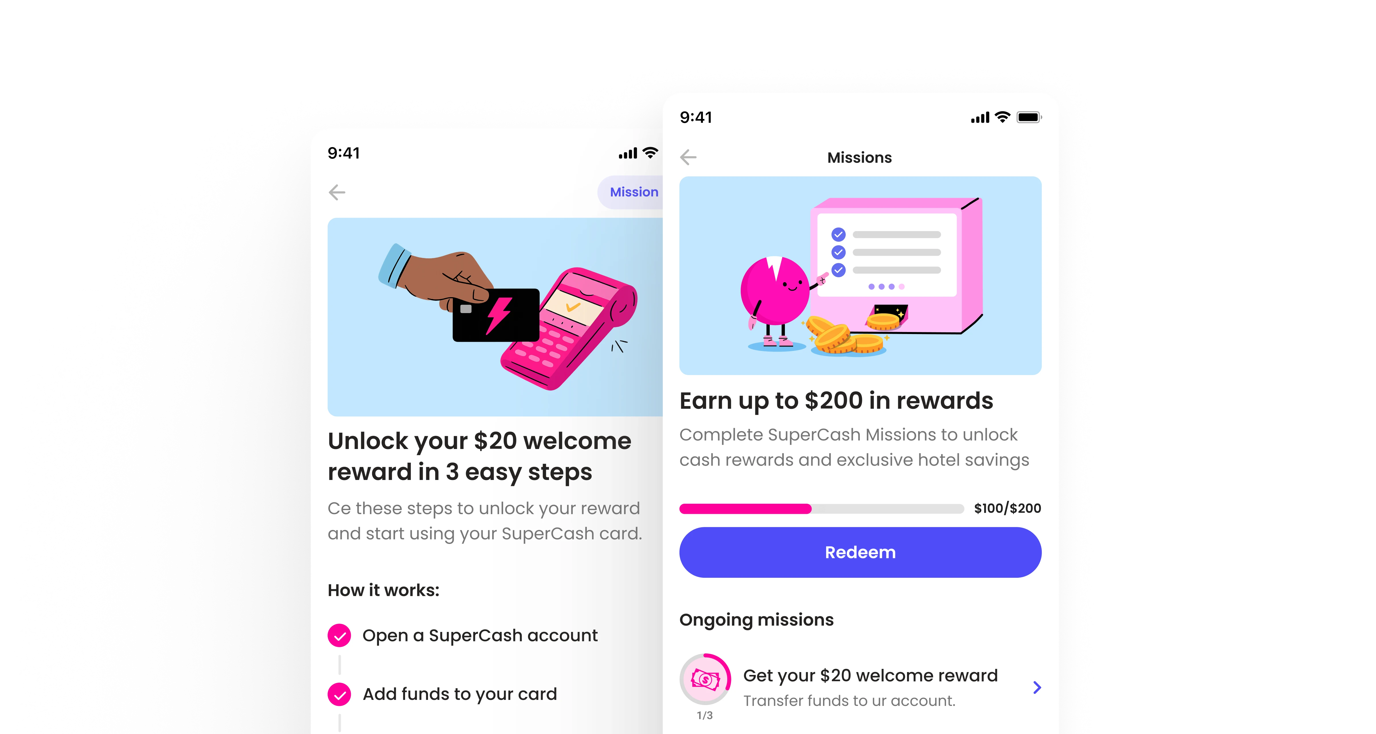 Product design mockup of Super.com’s new Missions system showing task-based rewards, progress tracking, and referral milestones, highlighting Yanick’s redesign that made rewards clear and motivating