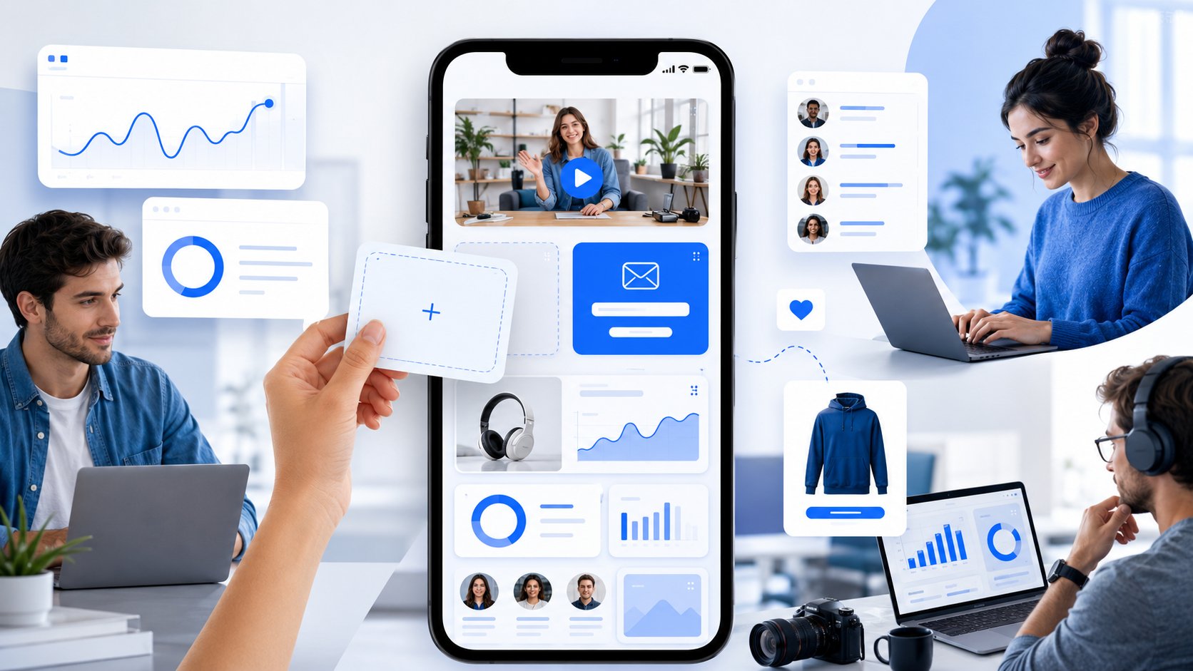 A modern all-in-one creator landing page shown on a sleek mobile-first interface, with a flexible draggable card layout,