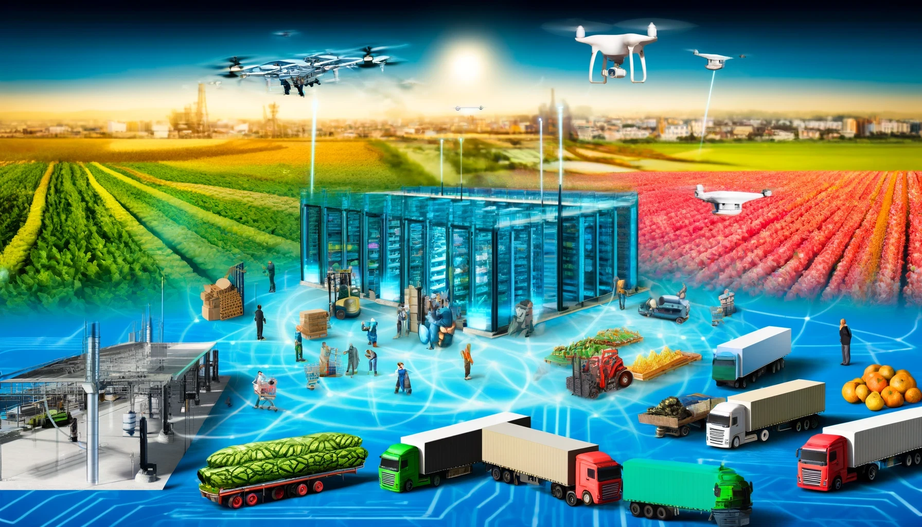 The image depicts a highly advanced agricultural ecosystem, integrating technology and logistics to optimize farming and distribution. Key elements of the image include:  Diverse Farmland: The background showcases extensive fields of various crops, including green leafy vegetables, and red crops, indicating a diverse range of agricultural produce.  Drones: Multiple drones are hovering above the fields, equipped with sensors and cameras. These drones are likely used for monitoring crop health, irrigation, and applying pesticides or fertilizers.  Central High-Tech Facility: In the center, there is a modern, transparent building that appears to be an advanced agricultural hub. This facility might serve as a control center for monitoring and managing the farming operations using data analytics and artificial intelligence.  Logistics and Transportation: The foreground features various transportation vehicles, including trucks loaded with agricultural produce. These vehicles are connected to the central hub, suggesting an efficient supply chain and distribution network.  Robots and Automated Machinery: Several robots and automated machines are depicted working in the fields and the central facility. These machines are involved in tasks such as harvesting, packing, and transporting crops, indicating the use of automation in agriculture.  Workers and Scientists: Human figures are also present, collaborating with the technology. They appear to be overseeing the operations, conducting research, and ensuring the smooth functioning of the entire system.  Digital Connectivity: The blue lines and glowing nodes throughout the image represent a digital network, highlighting the interconnectedness of all elements within this agricultural ecosystem. This network facilitates real-time data exchange and communication between drones, machinery, vehicles, and the central facility.  Advanced Infrastructure: The image includes various infrastructure elements such as silos, warehouses, and processing units, integrated into the overall agricultural system.  Overall, the image illustrates a futuristic and highly efficient agricultural system where technology plays a crucial role in optimizing farming processes, ensuring sustainable practices, and streamlining logistics and distribution.