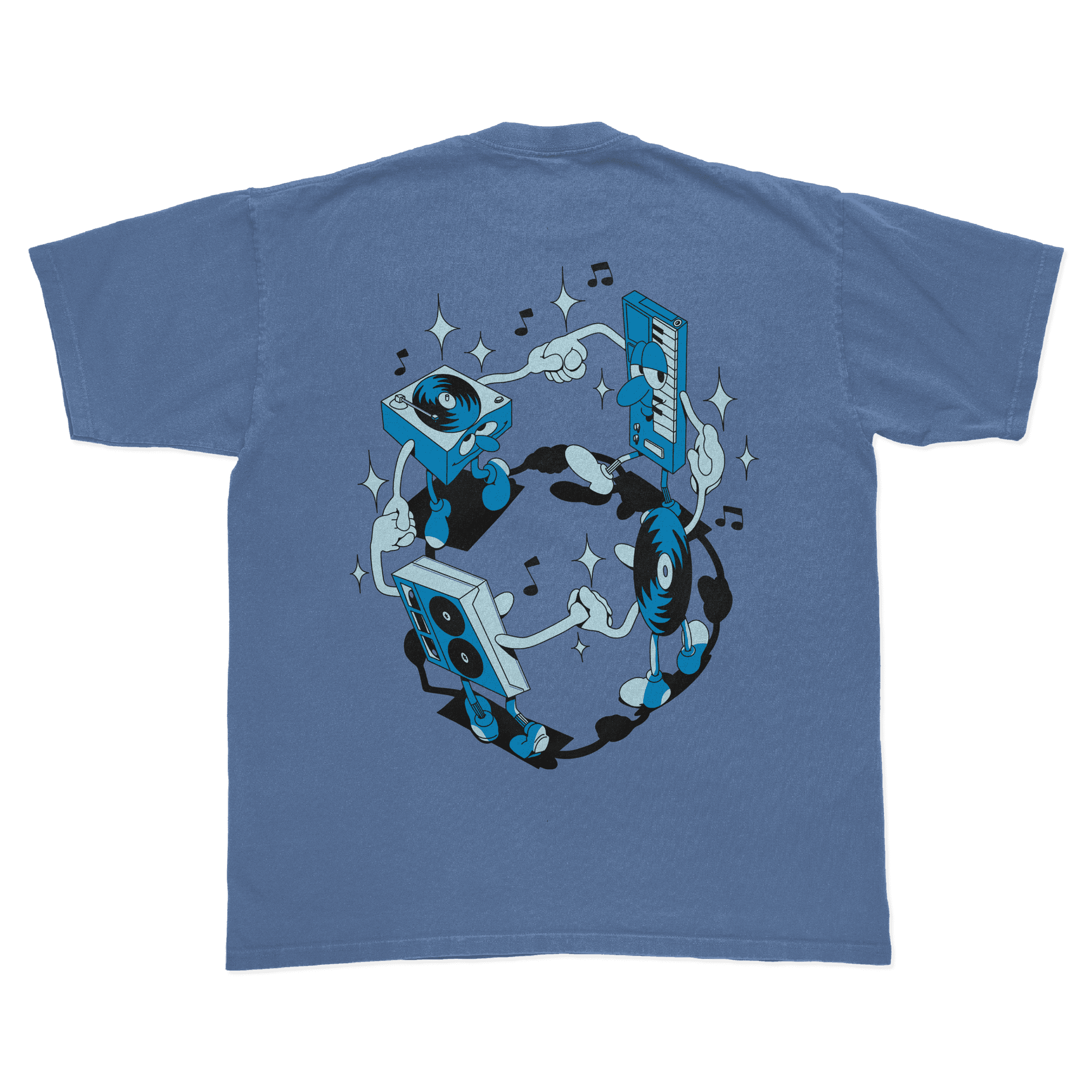 Blue t-shirt with a graphic of music-themed characters on a white background