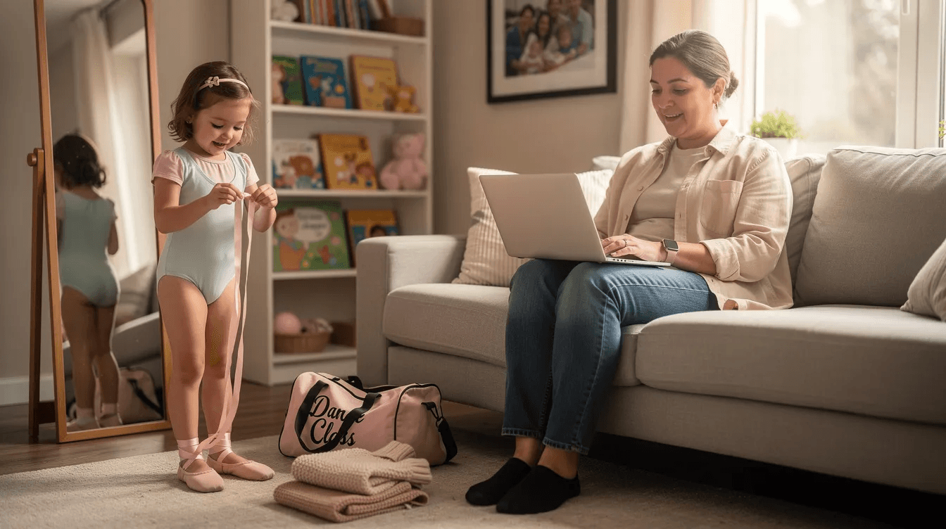 A parent is sitting at a desk using a laptop, likely managing club administration tasks such as online payments and tracking attendance, while a child is nearby preparing for a dance class, wearing a dance uniform. The scene captures the balance between parental responsibilities and supporting a child's extracurricular activities.