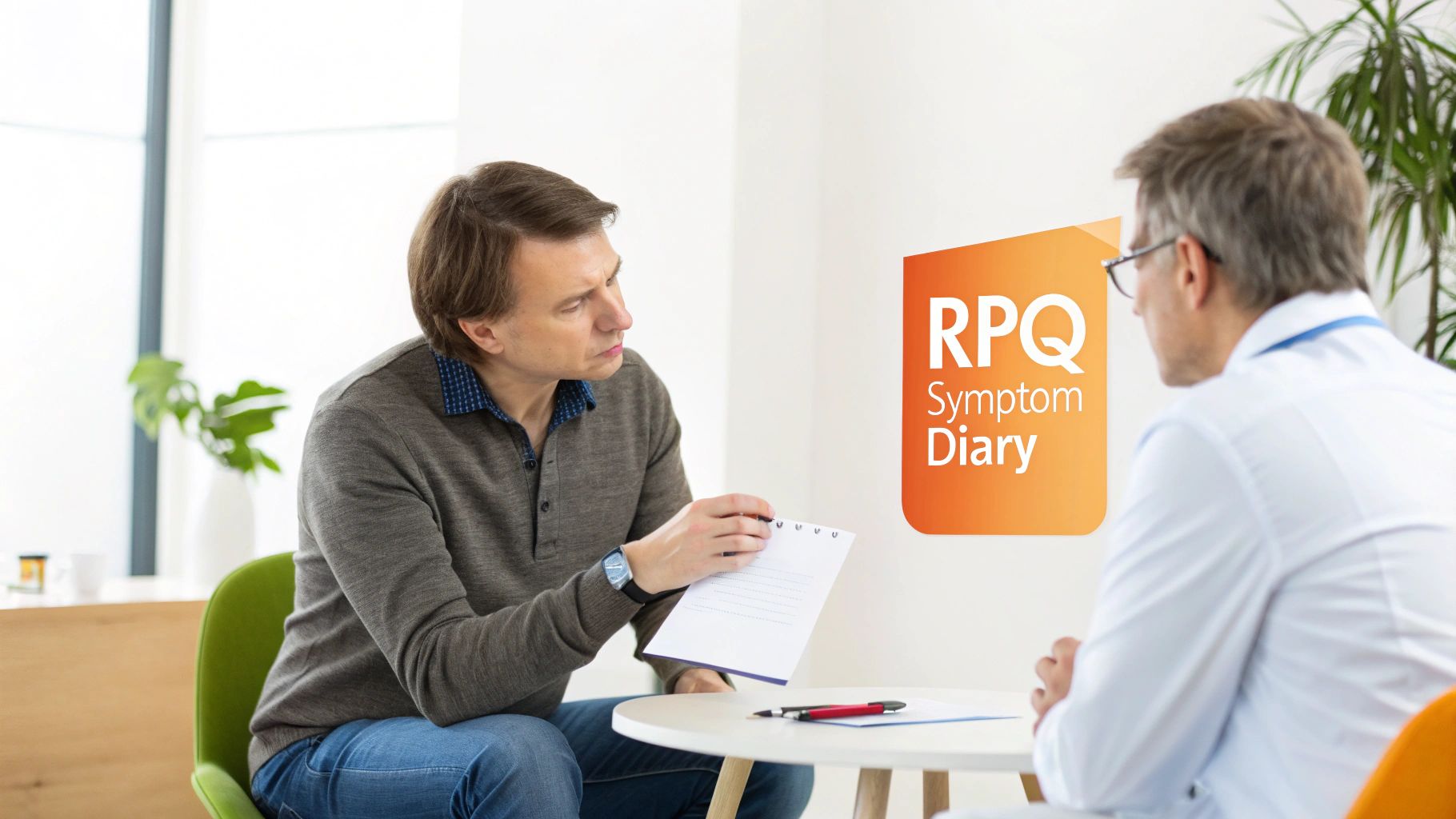 A patient discusses symptoms with a doctor, referencing an RPQ Symptom Diary.