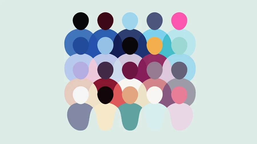 Abstract illustration of a diverse group of people represented by overlapping colorful silhouettes, symbolizing collaboration, inclusion, and cultural diversity in innovation.