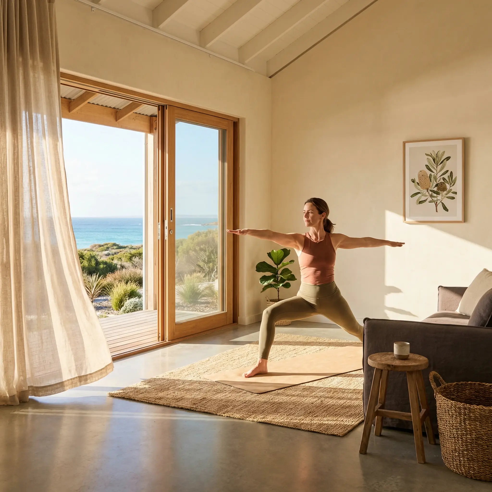 a lady in her forties is doing yoga in a beautiful Hempcrete blocks home in the coastline of Australia