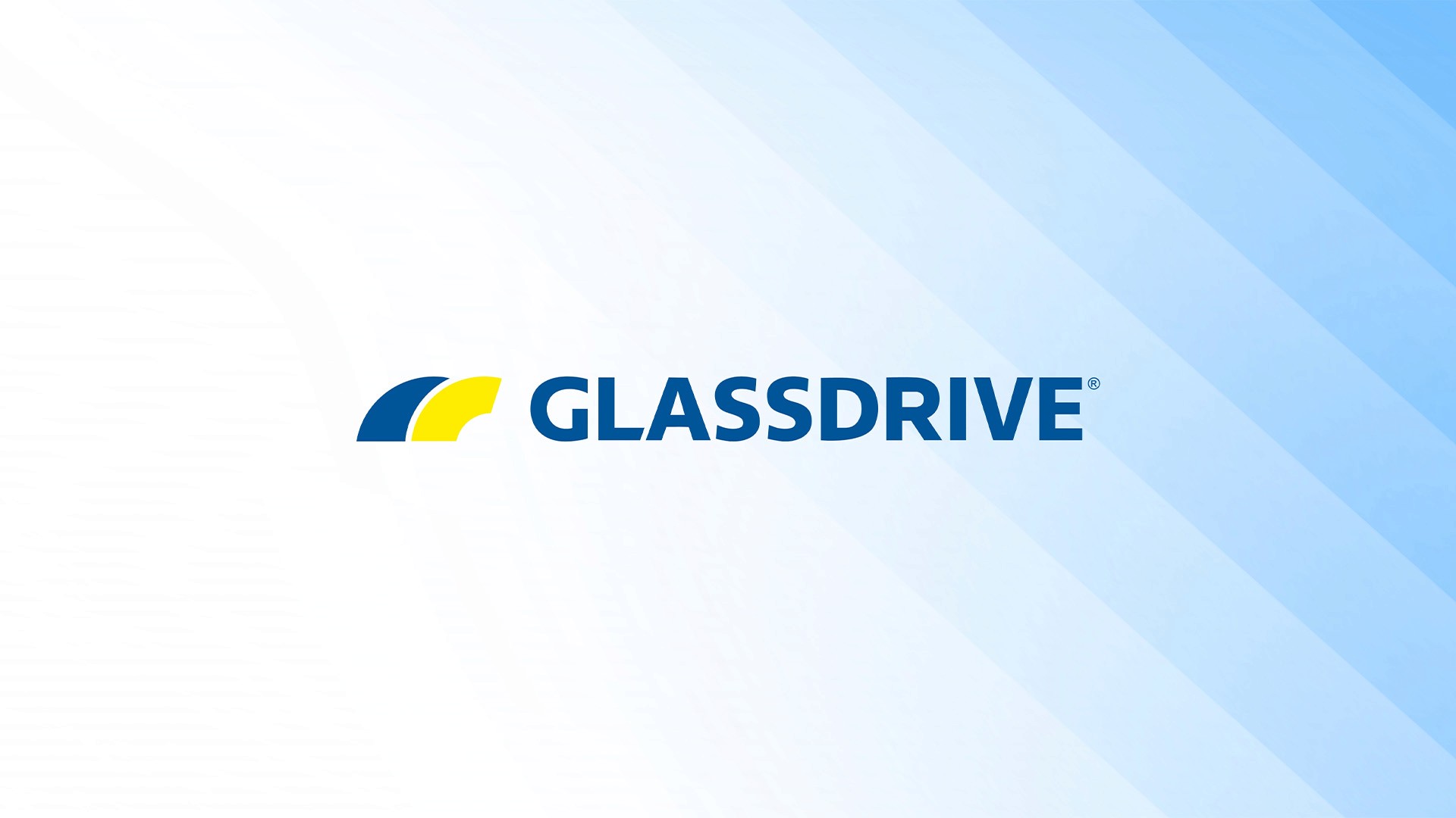 Glassdrive auto glass logo in blue and yellow on a light blue gradient background |