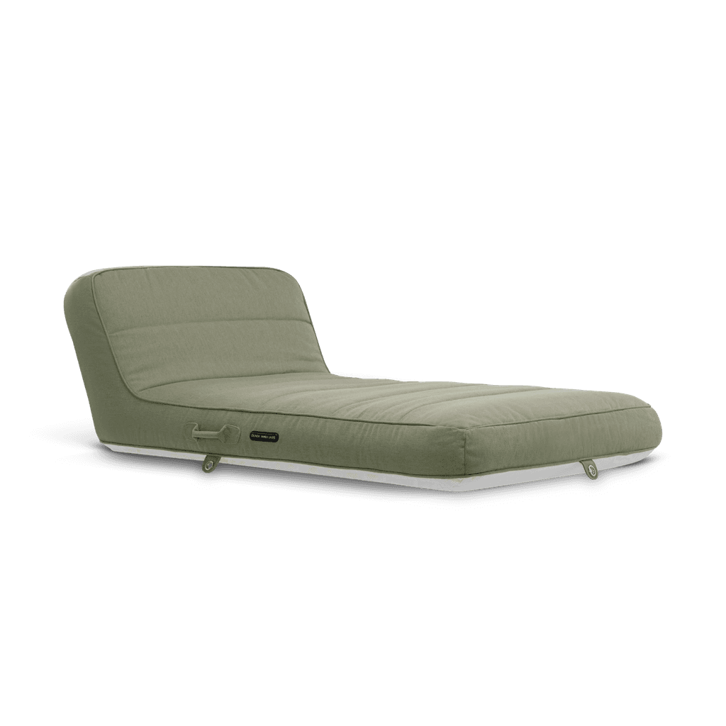 Single Leafâ. A one-person luxury pool float in rich green fabric and white base, with LiloCover upholstery and backrest.