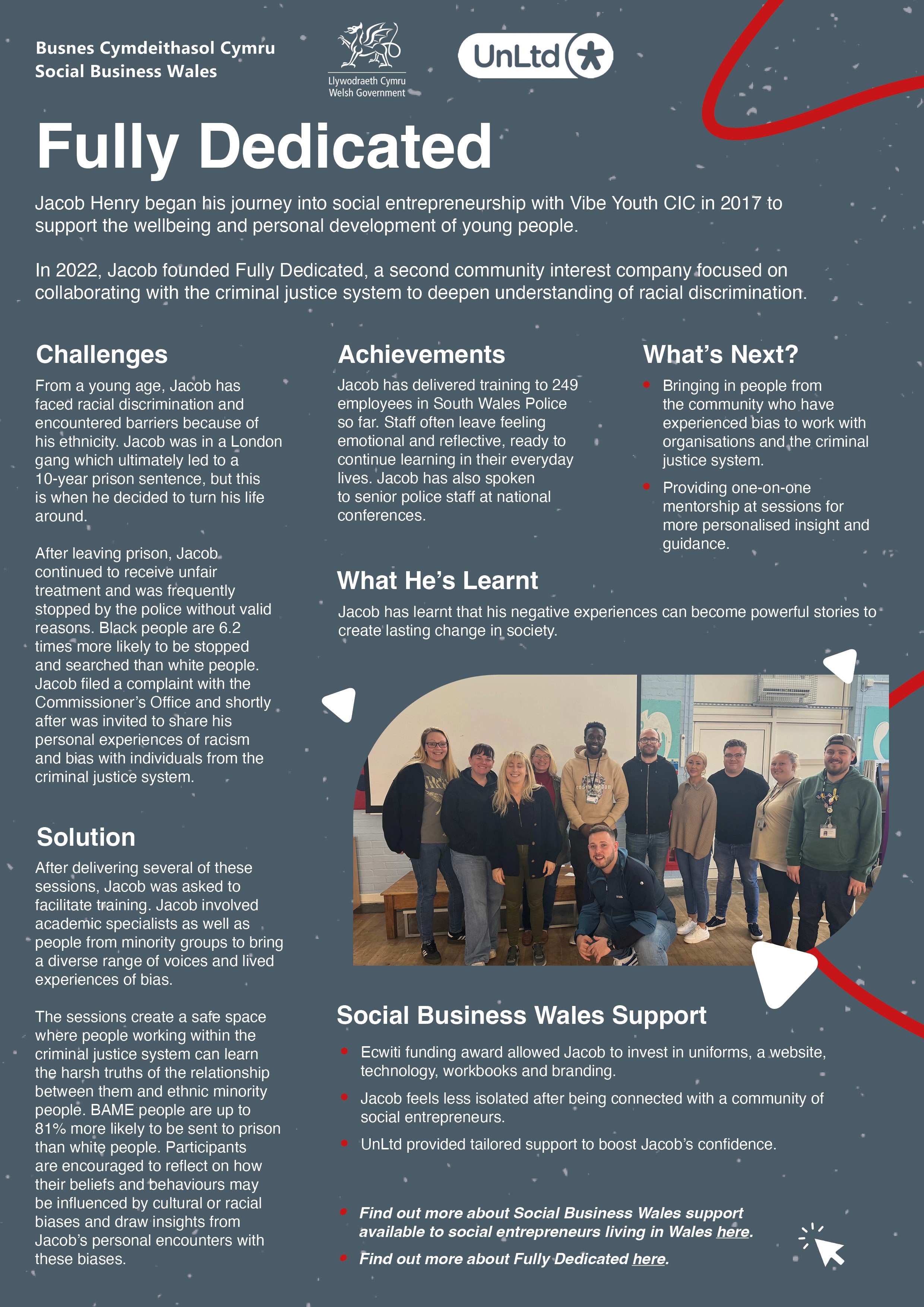 A mainly grey case study for UnLtd with accents of red swirling lines, columns of text in English and an image of a group of people having their photo taken.