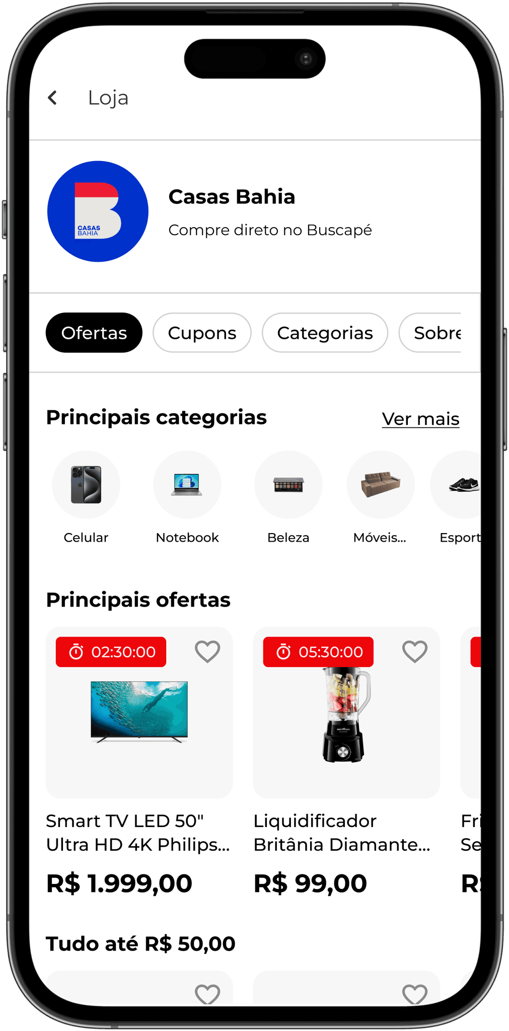 Primeiro scroll da página de lojista. Principais categorias e ofertas cronometradas.