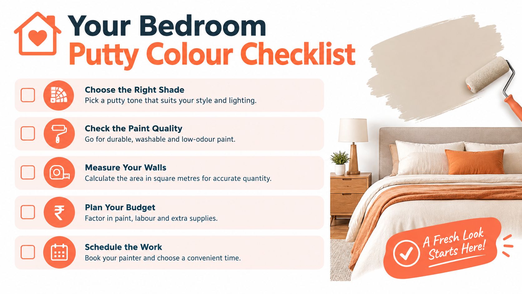 A checklist infographic titled Your Bedroom Putty Colour Checklist with five steps to planning bedroom painting projects.