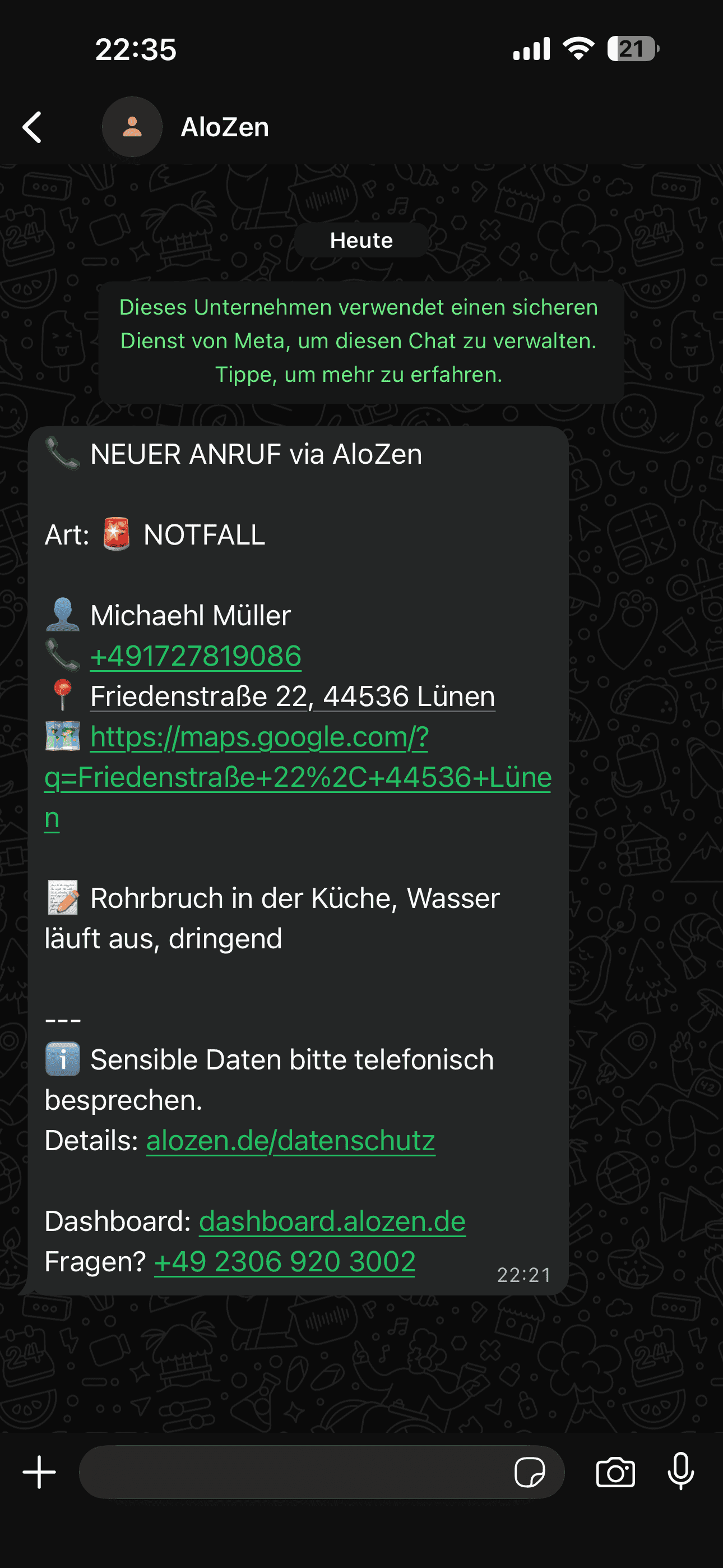 SMS Benachrichtigung die der Handwerker nach Kundenanruf erhält - AloZen AI Telefonassistent sendet automatisch Auftragsinformationen per SMS