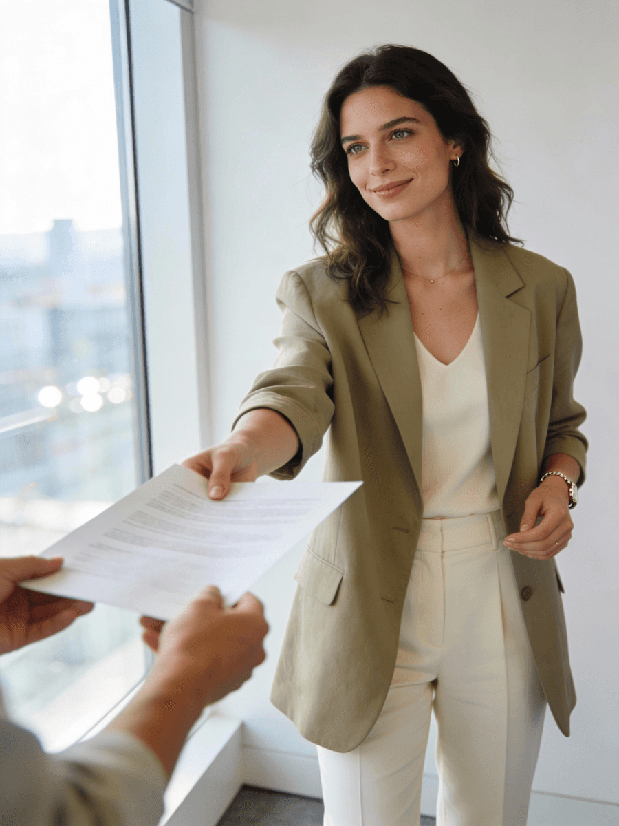 Woman in a beige blazer handing a document to someone, standing near a window with a city view. She looks professional and confident.