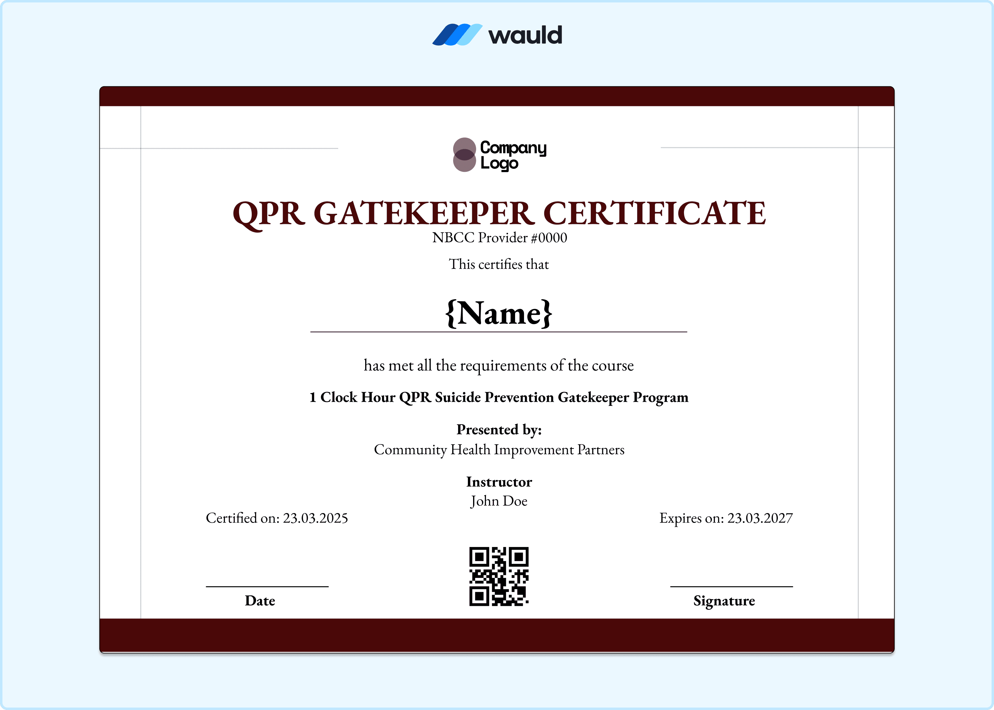 Bold dark red QPR Gatekeeper certificate template with white typography, recipient name field, instructor details, Community Health Improvement Partners presenter information, certified date, expiry date, NBCC Provider number, and QR code