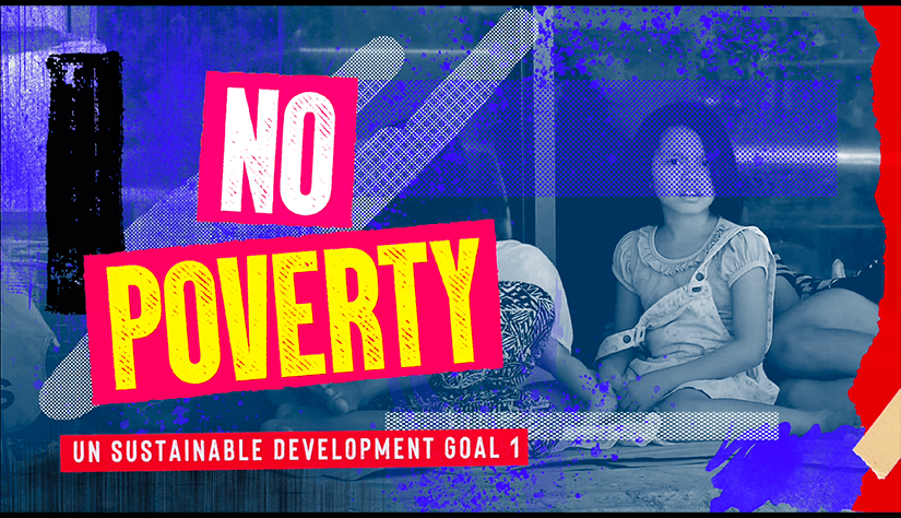 A still frame with the title 'No Poverty' a programme of communication films devised and produced by us for the BBC Bitesize service covering the UN Sustainable Development Goals