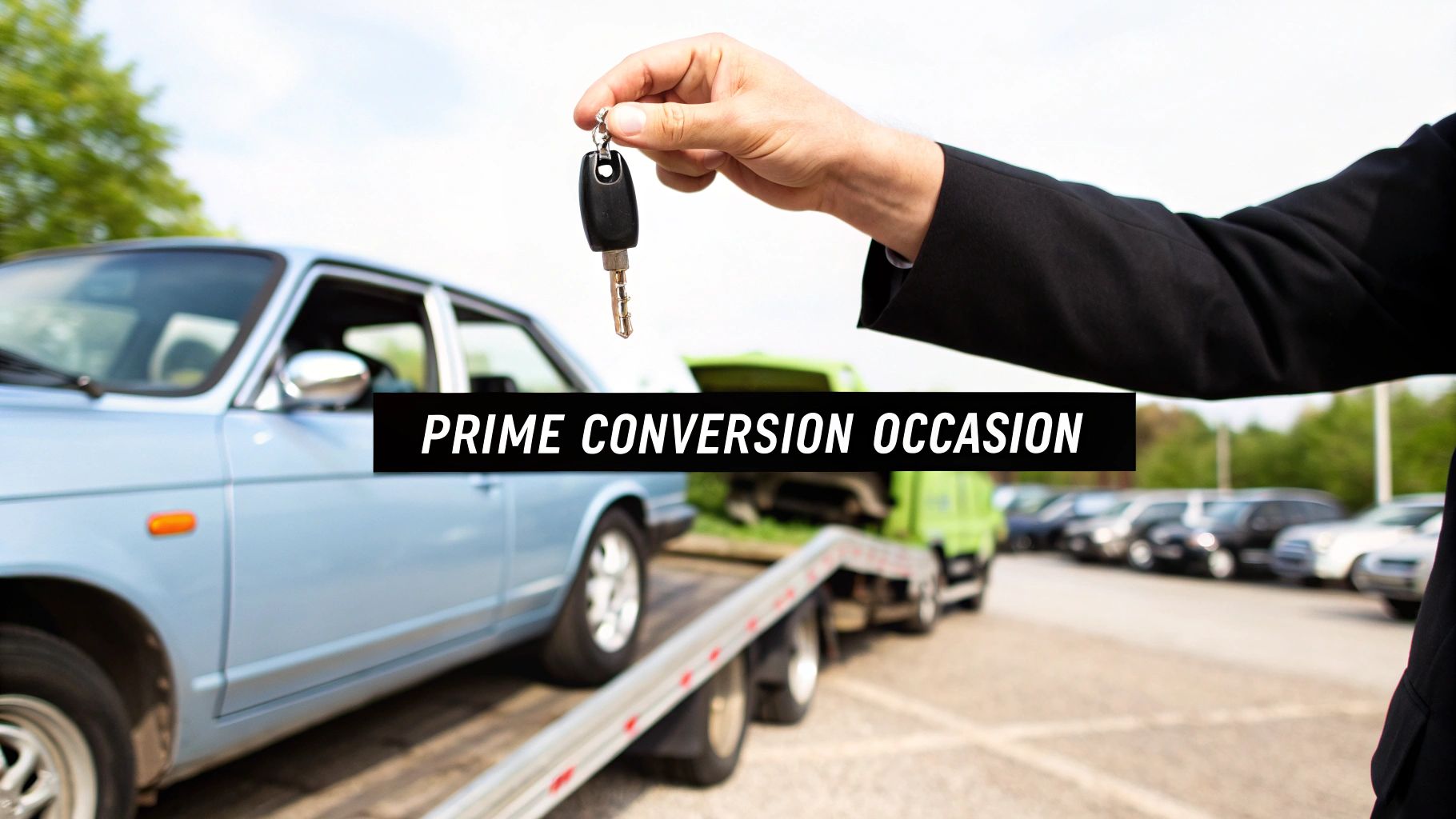 Un homme tend des clés de voiture devant un véhicule bleu sur une remorque, avec le texte