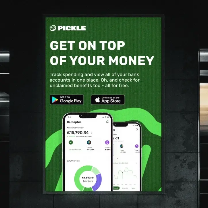 Pickle finance app outdoor advertising poster — digital billboard campaign design featuring bold green branding, app store download CTAs and mobile UI mockup