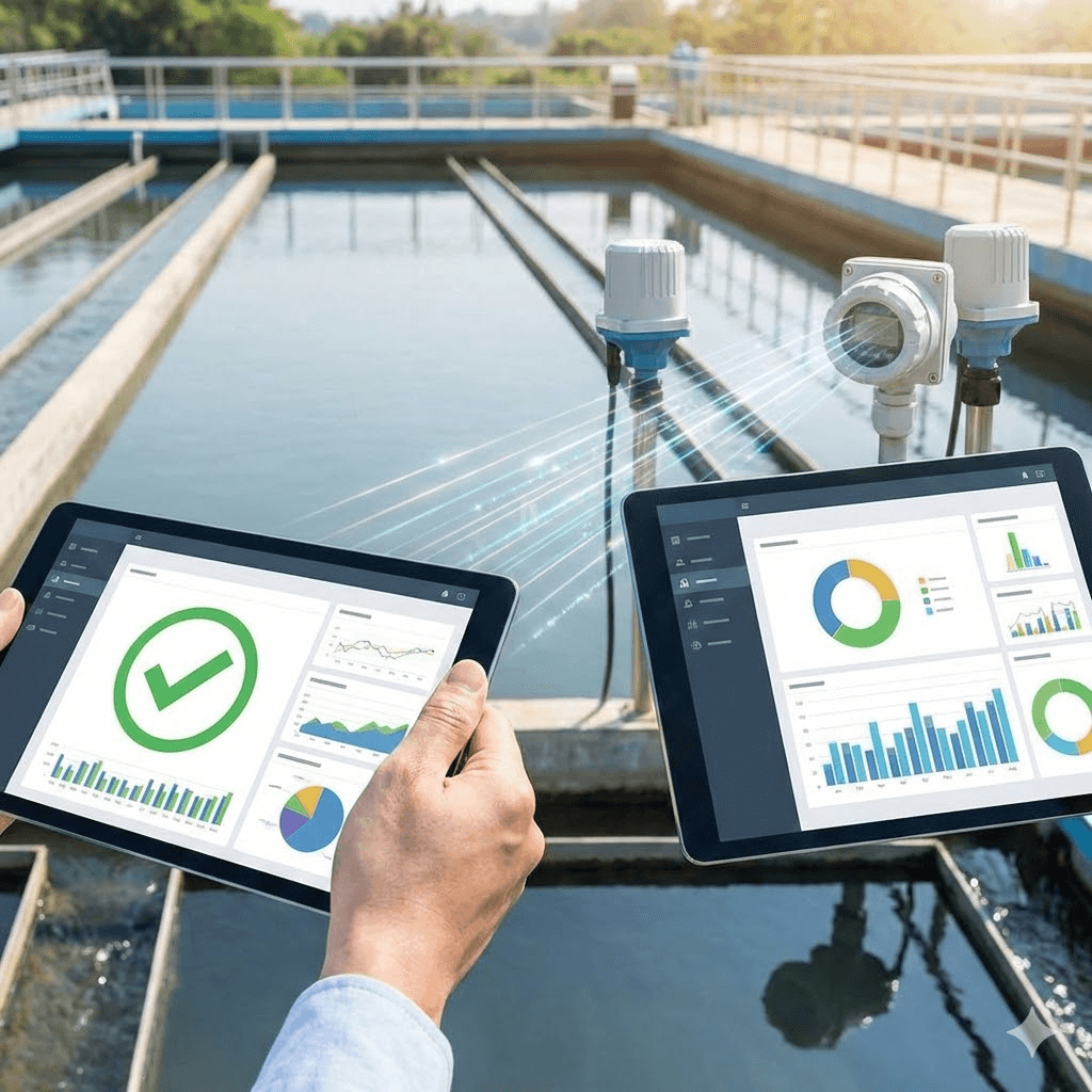 Agricultor entre suas plantações utilizando um laptop para controlar seus dispositivos IoT