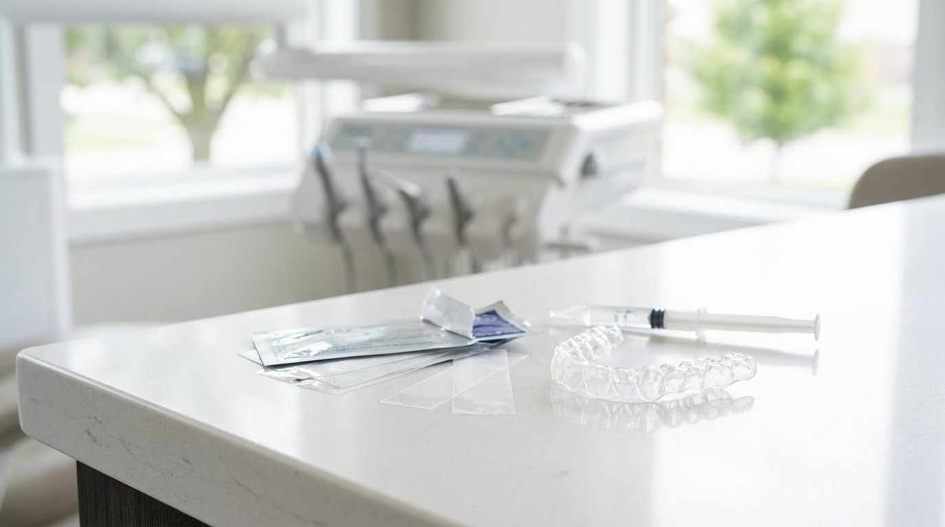 Whitening strips next to a custom dental tray on a bright dental clinic counter in Smyrna