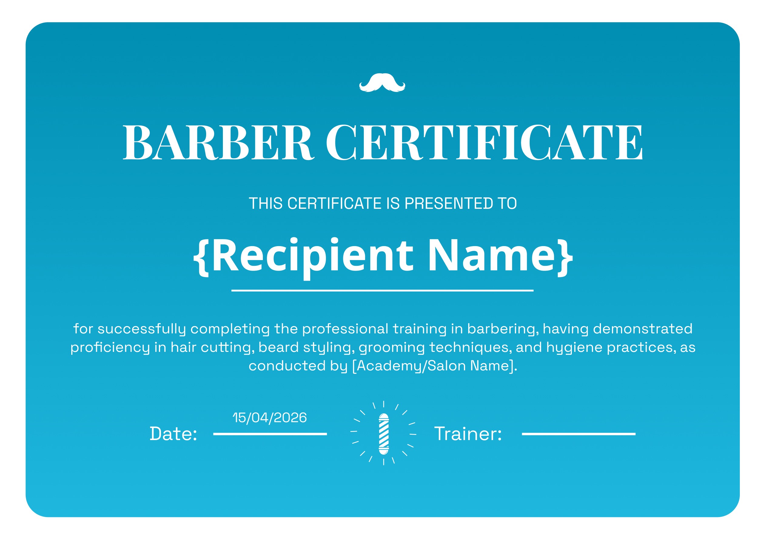 Wauld - Bold and bright barber training certificate template