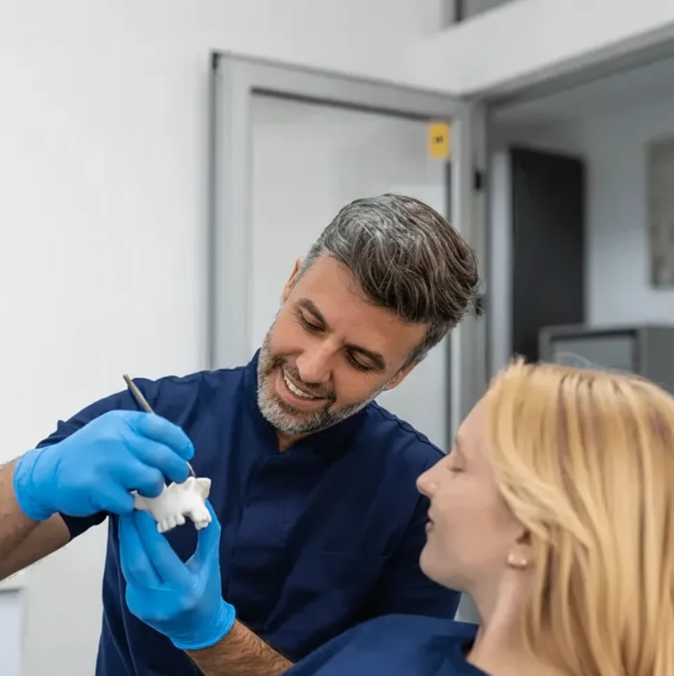 Dentist explaining a dental bridge using a tooth model during a consultation with a patient