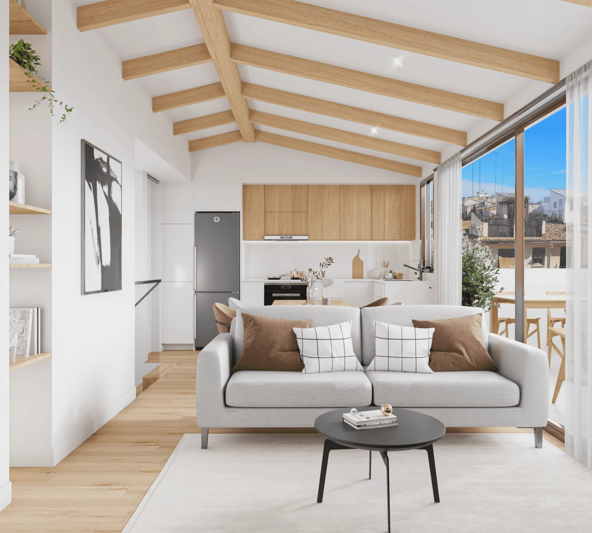 Modern open-plan living room and kitchen with Scandinavian design, featuring wooden beams, a gray sofa, and abundant natural light from large windows.