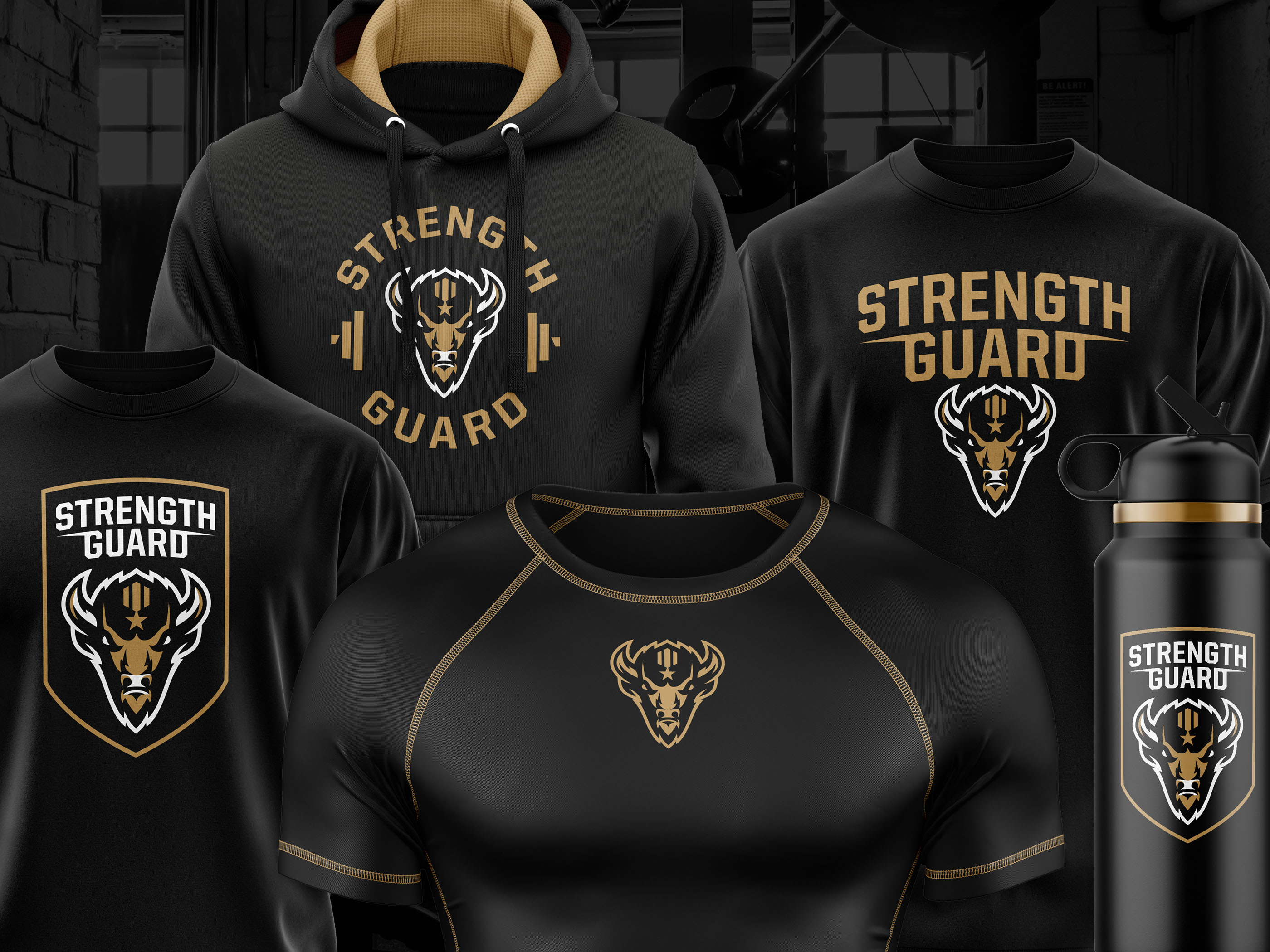 Strength Guard logo applications on apparel + water bottle.