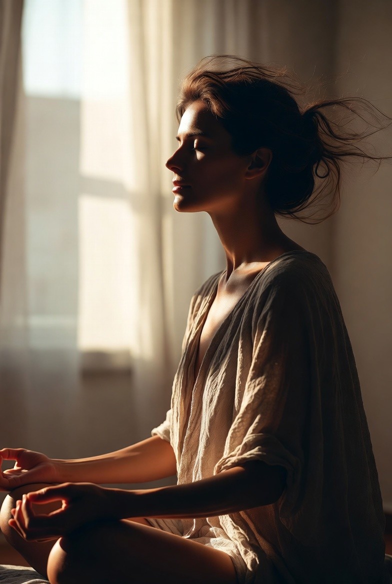 Woman standing by a window in soft natural light with a calm contemplative expression