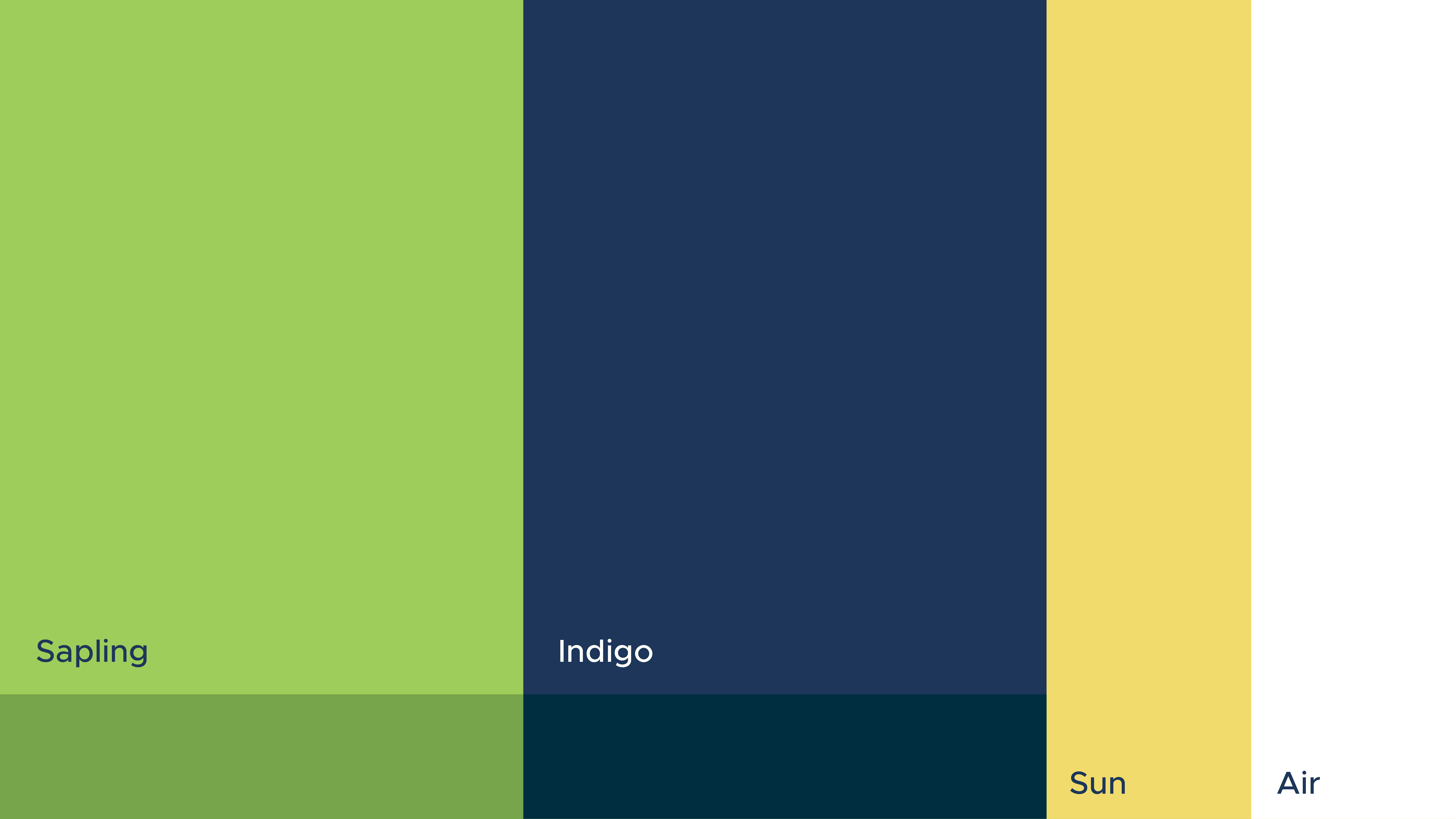 A color palette with five squares labeled: Sapling (green), Indigo (dark blue), Sun (yellow), Air (white), with 'Colour Palette' title at top.