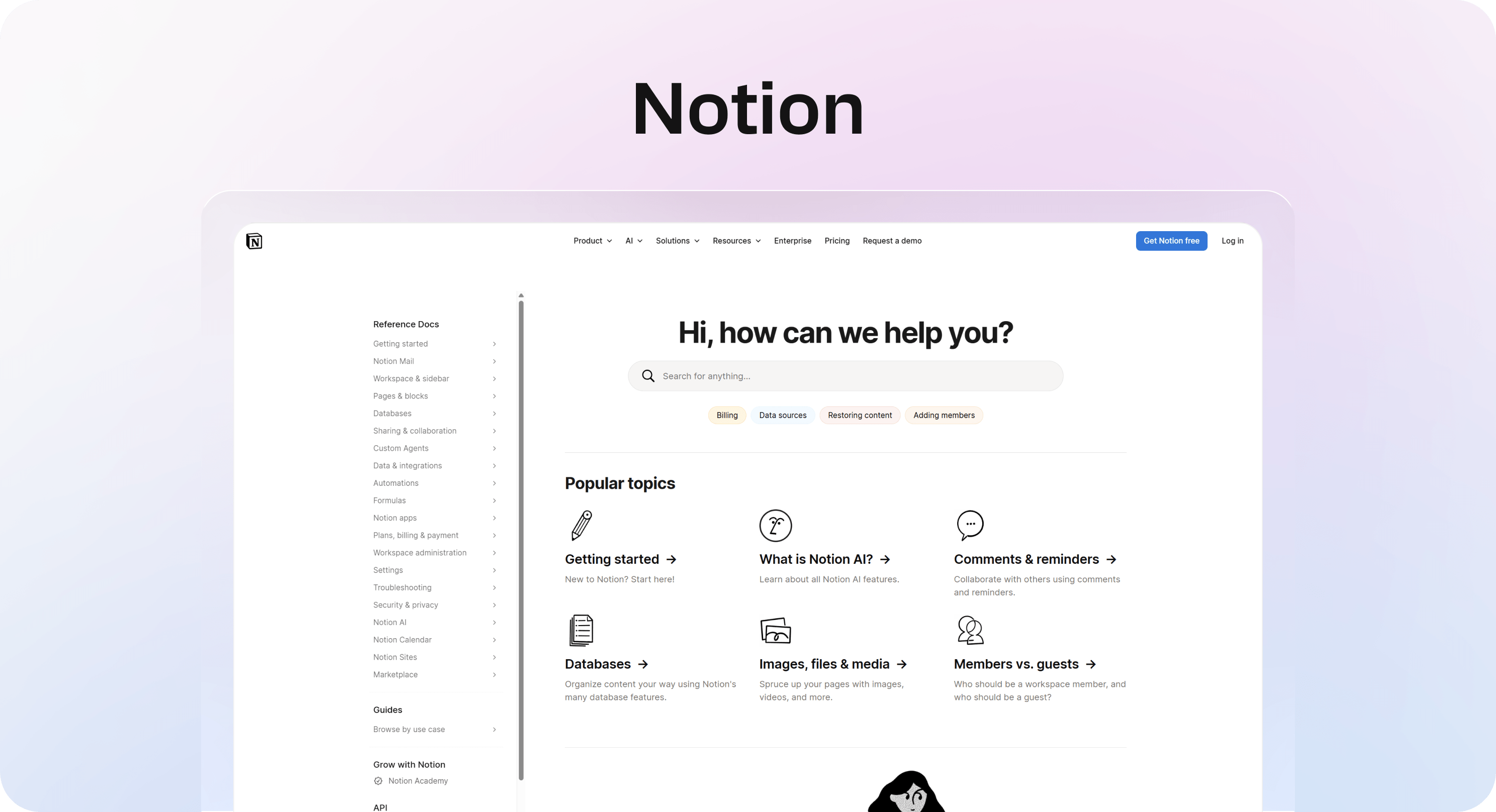 Screenshot of Notion’s help center with a left sidebar navigation, search bar, and popular support topics.