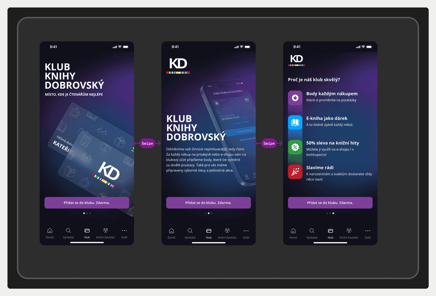 Klub Knihy Dobrovský pro neregistrovaného uživatele: tři obrazovky s důvody pro vstup