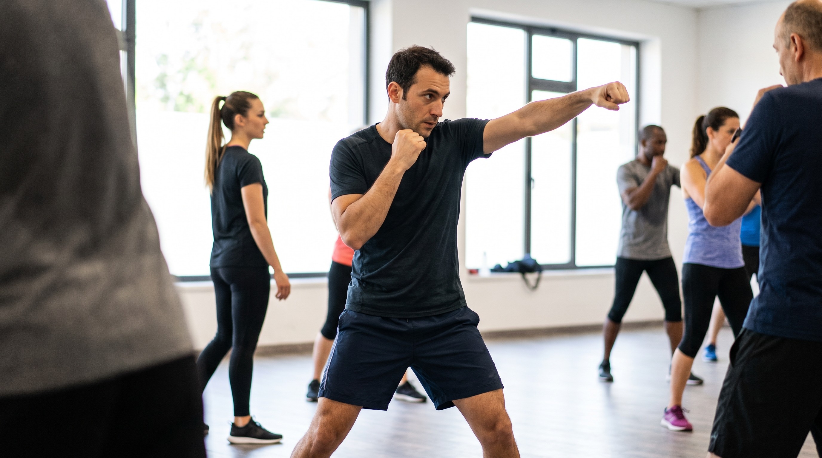 istruttore fit-boxe AIF guida gruppo eterogeneo in sessione a bassa intensità con focus sulla postura e sulla prevenzione infortuni