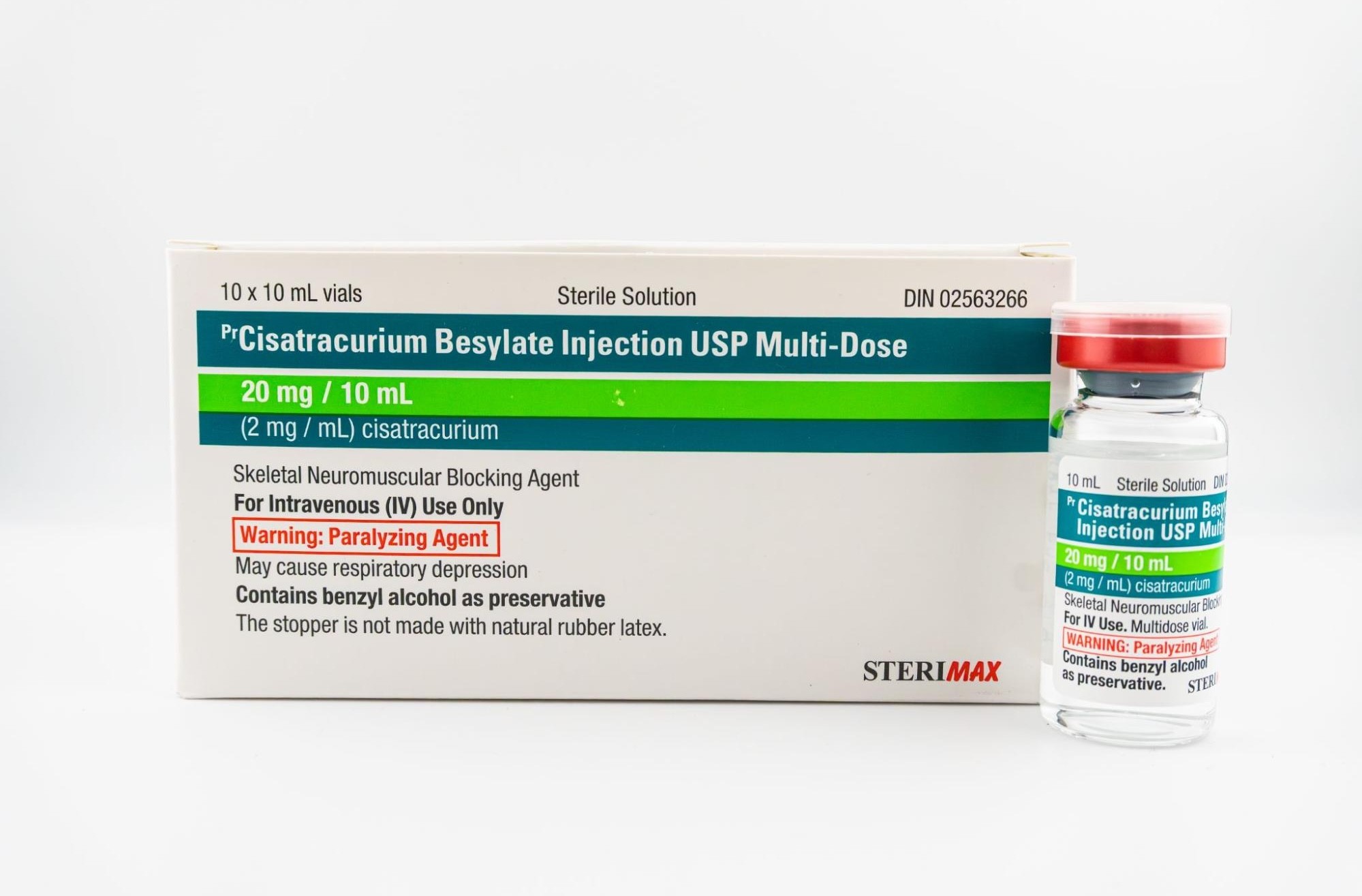 A SteriMax box and a multi-dose vial of Cisatracurium Besylate Injection USP, 20 mg/10 mL (20 mg/mL), with a prominent red "Warning: Paralyzing Agent" label.