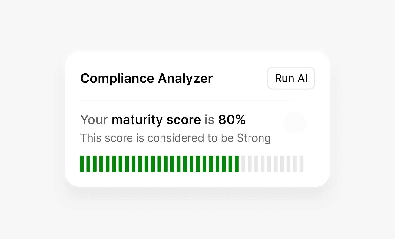 ESG scorecard interface with 80% rating and green progress bar, labeled “Run AI”