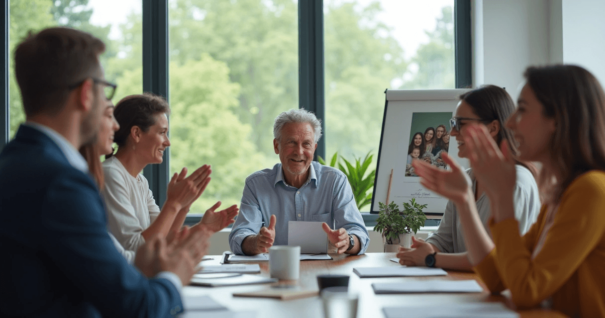 Gestor recebendo reconhecimento em reunião de equipe