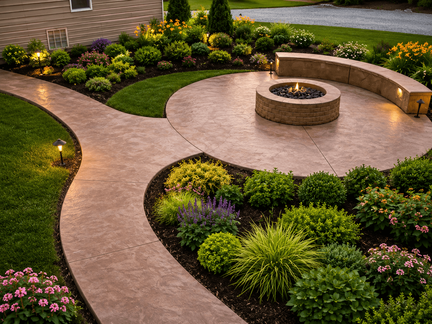 Curved stamped concrete walkway leading through colorful landscaping to a round concrete fire pit patio with a curved bench in a Durham NC backyard.