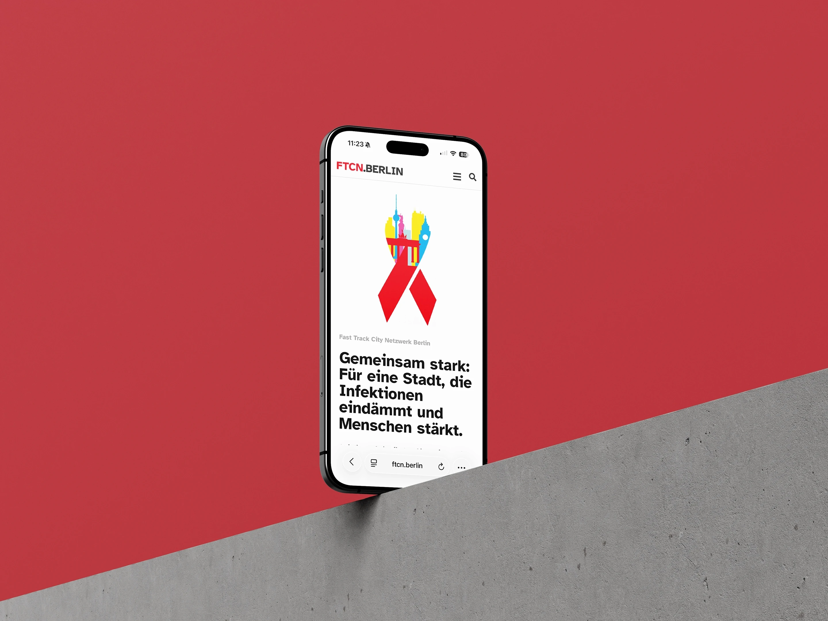 FTCN Berlin Website Mockup: Startseite Fast Track City Netzwerk mit Kampagne ‚Gemeinsam stark' gegen Infektionen auf Smartphone