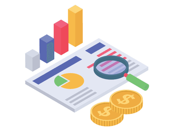 Financial metrics displayed on a tablet with a magnifying glass, coins, and bar graphs, illustrating data analysis and financial planning with a focus on key performance indicators and monetary values.