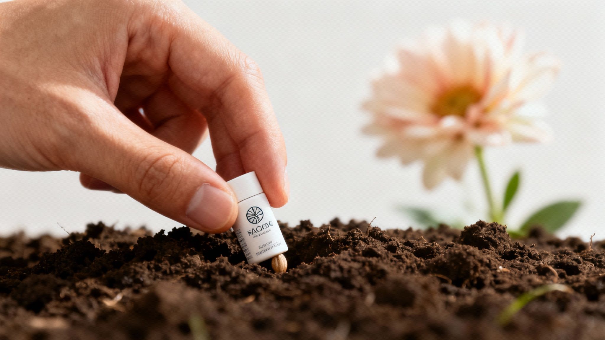 Hand planting branded seed packet in soil demonstrating product seeding marketing strategy