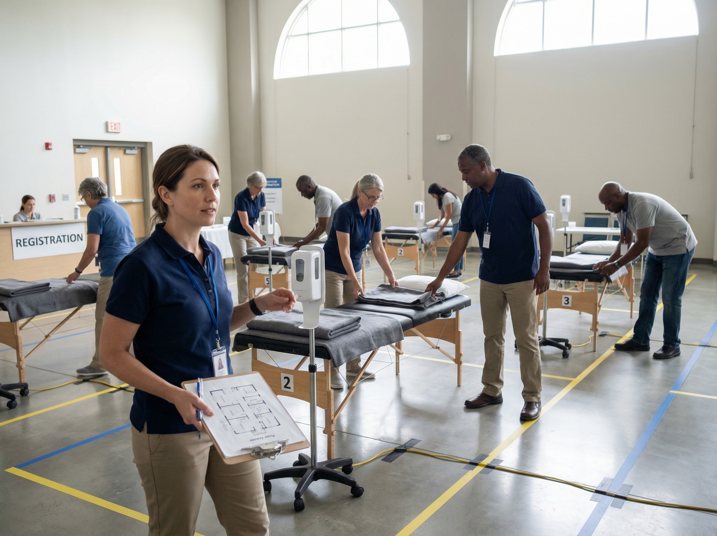 Ein Team richtet in einer großen Halle mehrere Spendeplätze ein; Decken, Desinfektionsspender und nummerierte Liegen werden verteilt. Eine Koordinatorin überprüft einen ausgedruckten Stationsplan. Die Umgebung wirkt geordnet, geräumig und bereit für einen reibungslosen Ablauf. Klare Markierungen strukturieren Zonen und Wege sichtbar.