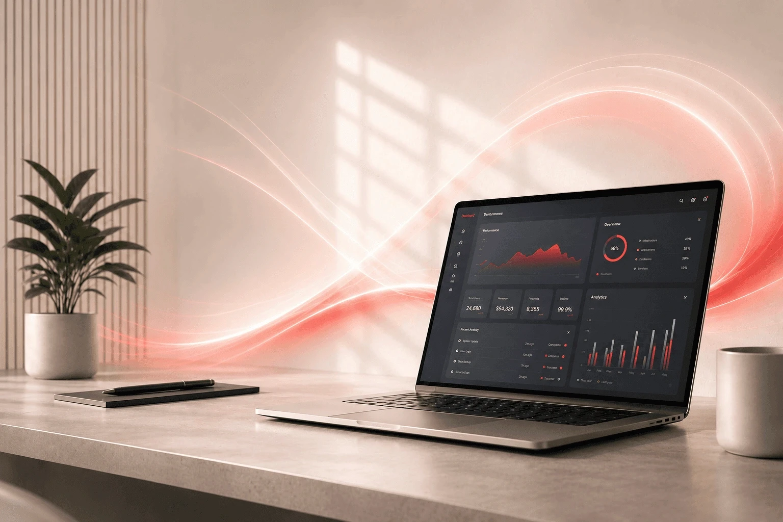 Modern workspace with a laptop on a desk, accented by a flowing red glow effect.