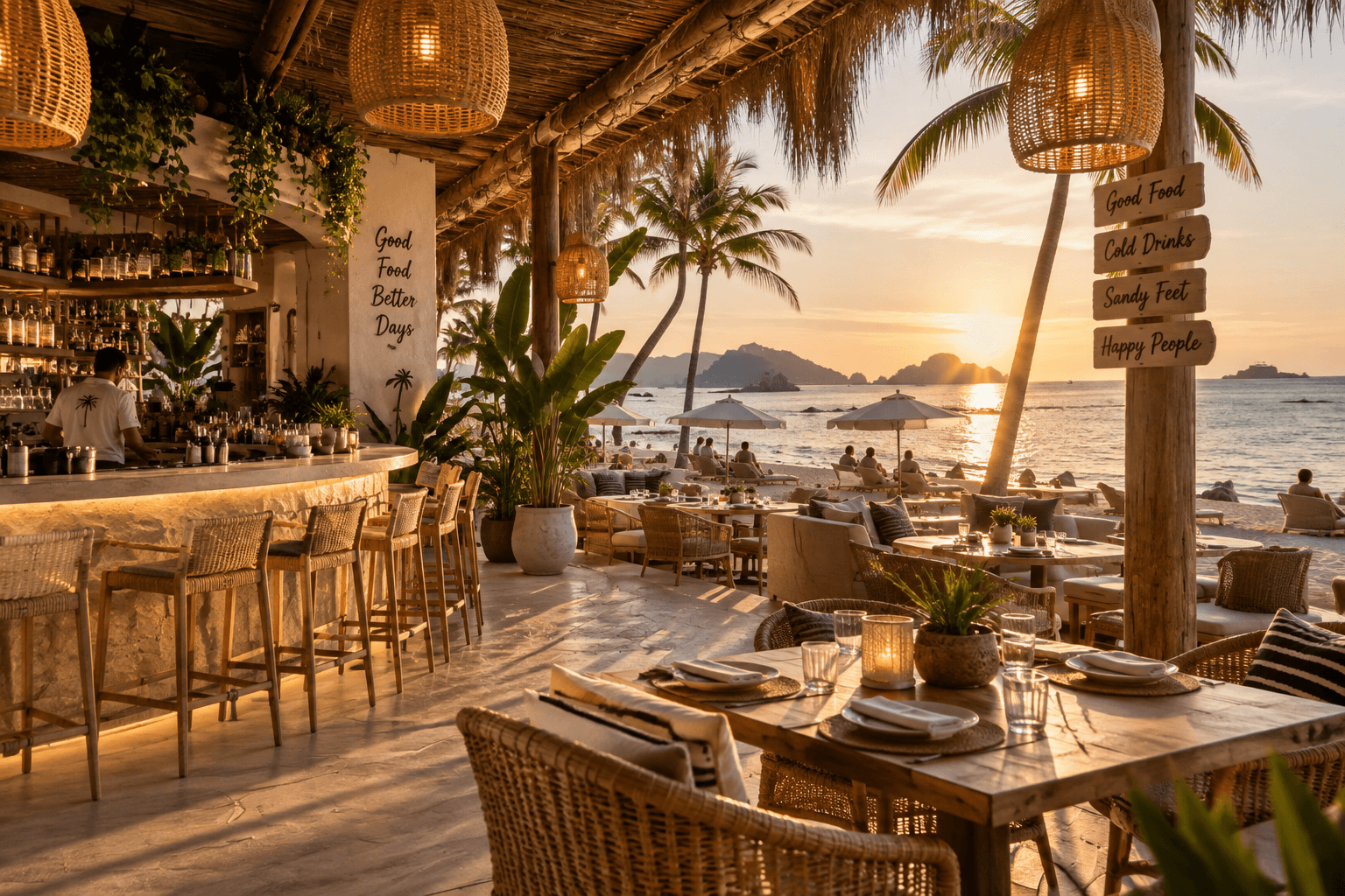 Bright beachfront restaurant with yellow chairs, wooden ceiling details, and ocean views.