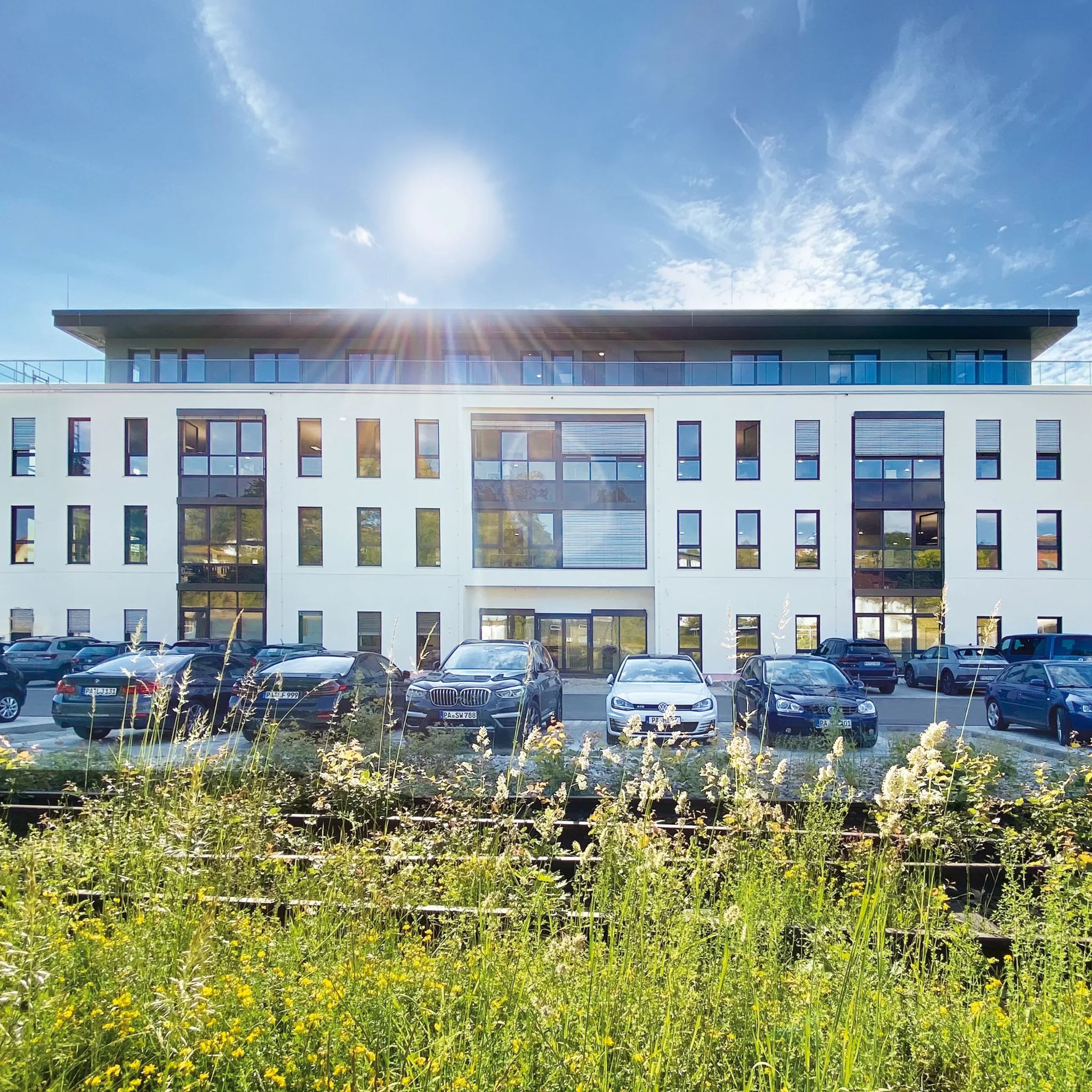 Modernes Bürogebäude mit großer Glasfassade an einem sonnigen Tag; davor geparkte Autos und blühende Wiese.
