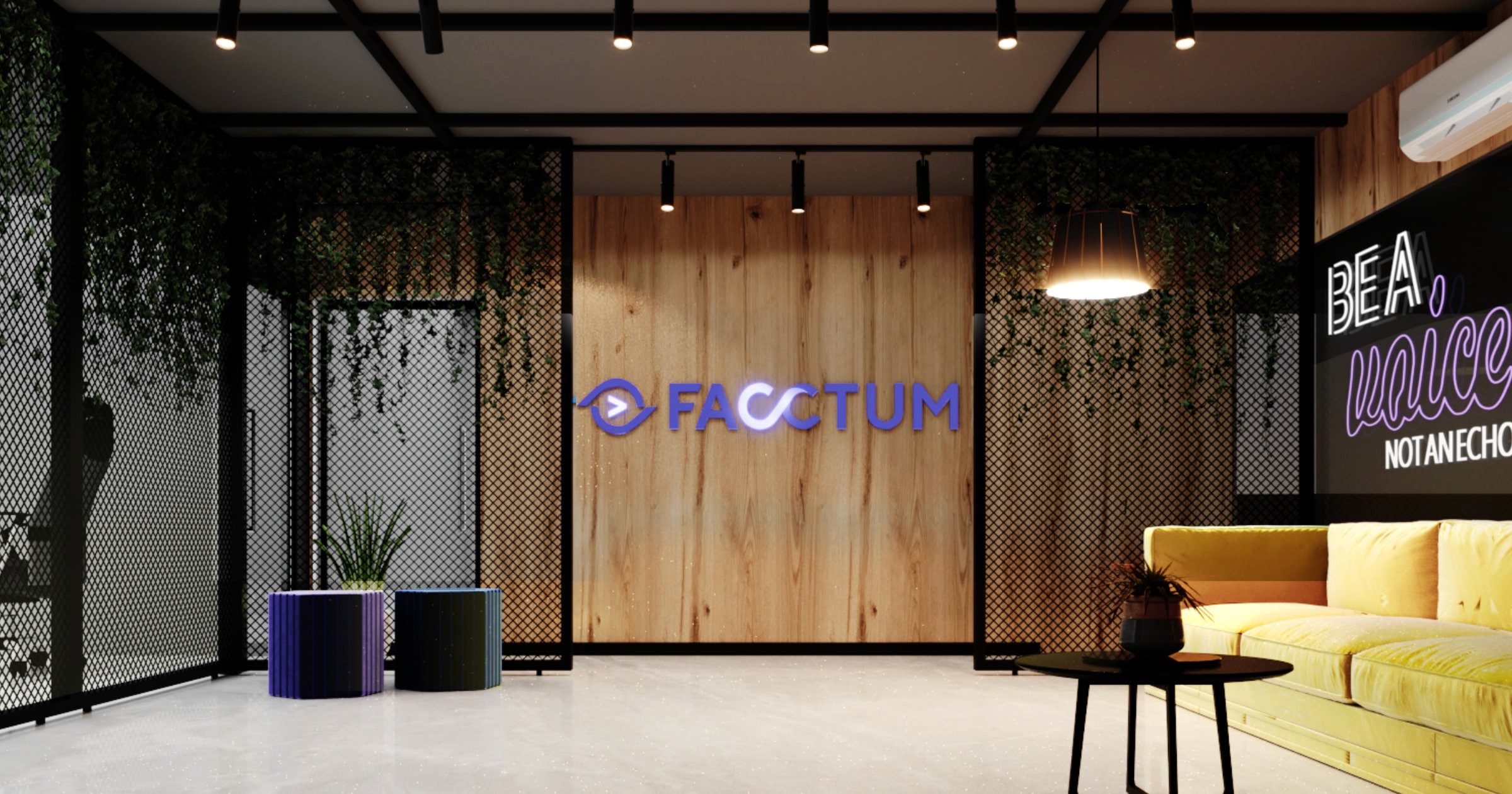 A modern office lobby featuring a wooden wall with the illuminated Facctum logo at the center. The space includes black metal mesh partitions with hanging greenery, spotlights on the ceiling, a yellow sofa on the right, a black coffee table with a small plant, and two cylindrical stools on the left.