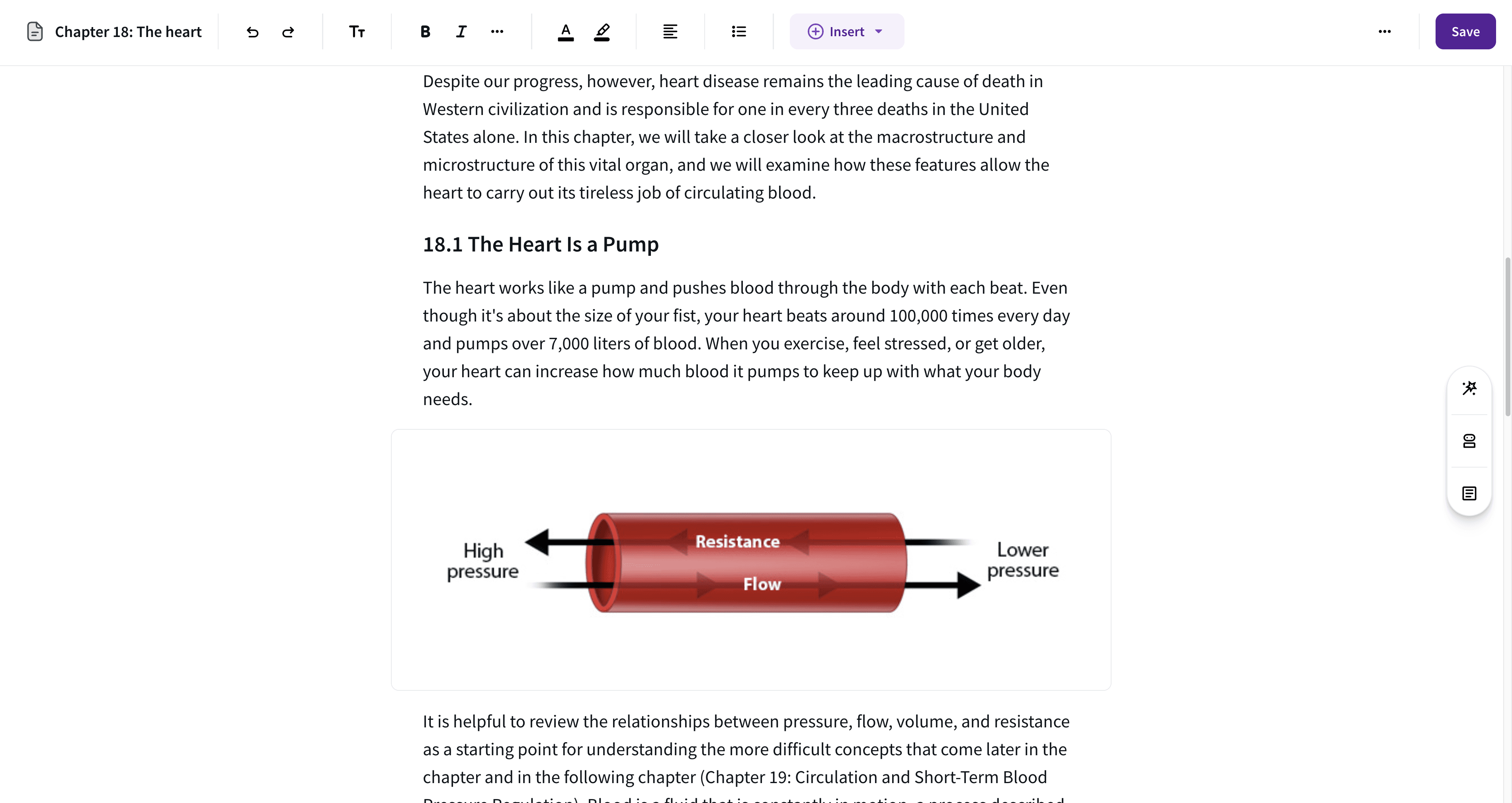 Textbook editing interface showing a chapter on the heart with rich text formatting tools and an embedded diagram illustrating blood flow, pressure, and resistance.