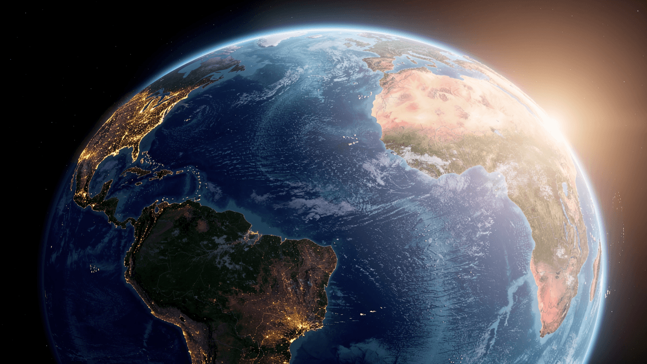 Blick auf die Erde bei Nacht: Die Oronos Stiftung gestaltet die Zukunft von Mutter Erde durch globale Friedenszentren.