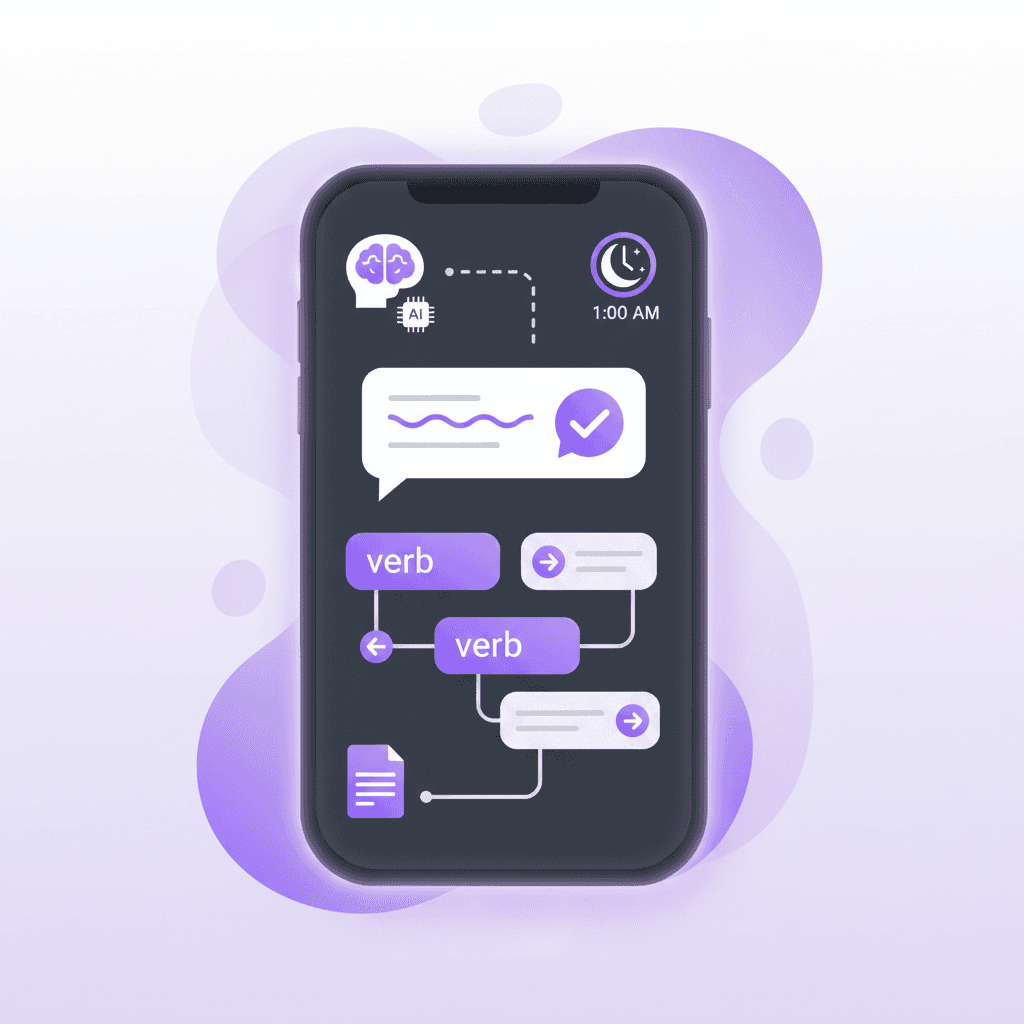 AI chatbot acting as an on-demand language tutor explaining verb conjugations