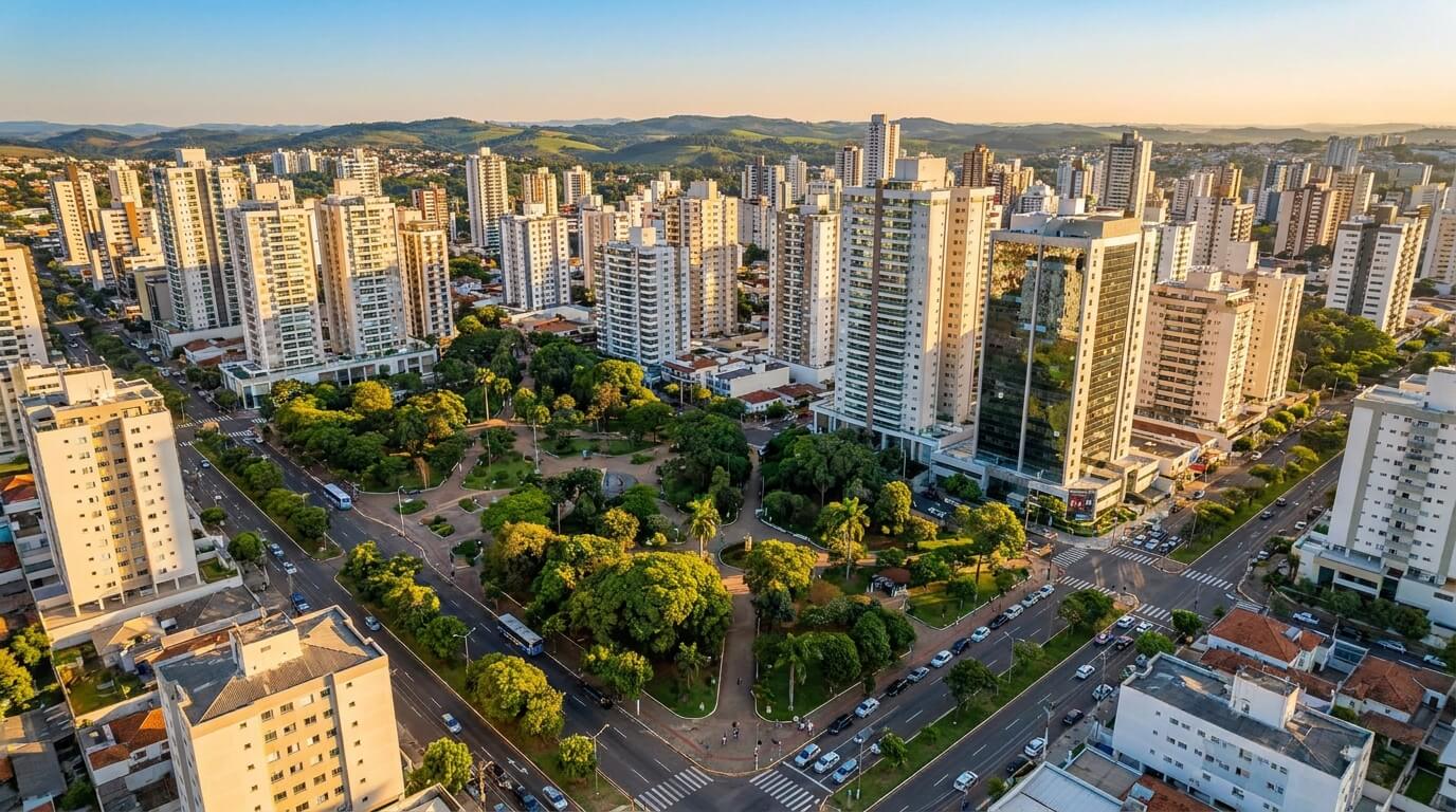 Vista aérea moderna de uma cidade média do Paraná, destacando prédios residenciais contemporâneos, áreas verdes e o crescimento urbano planejado de Londrina e Maringá.