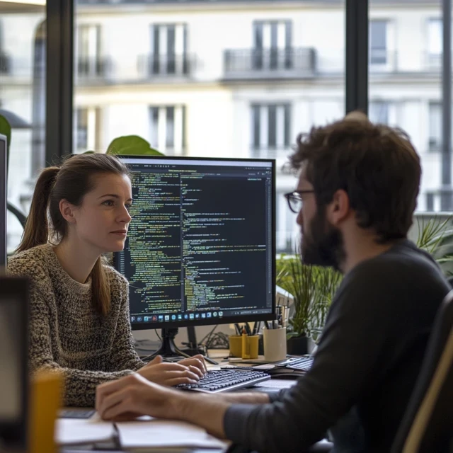 Collaboration entre développeurs dans un bureau moderne