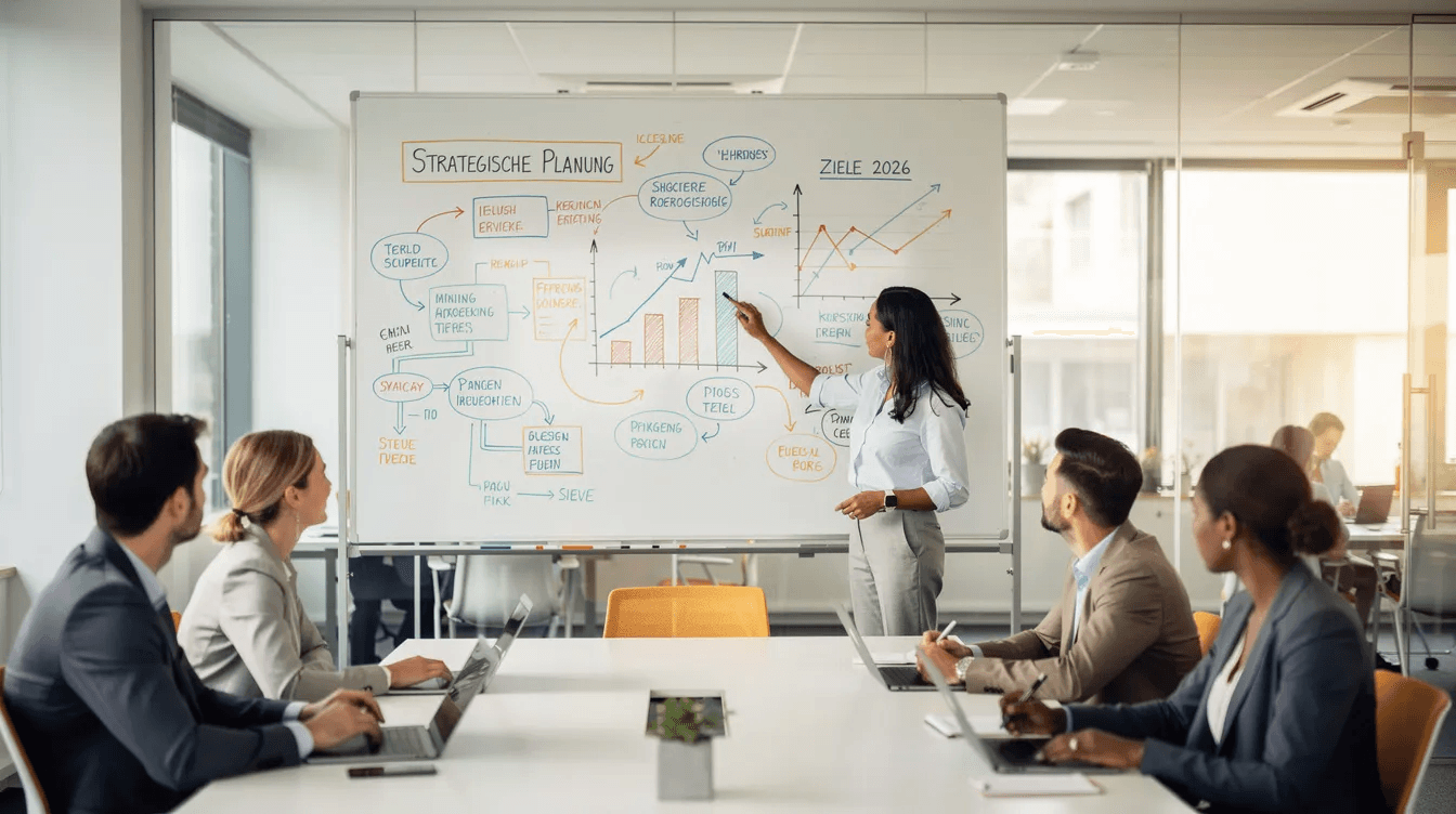 Das Bild zeigt ein Team in einer Büroumgebung, das am Whiteboard arbeitet und Diagramme für die strategische Planung erstellt. Die Mitarbeiter diskutieren aktiv über Themen wie SEO und AEO, um die Sichtbarkeit ihrer Website zu optimieren und Antworten auf Kundenfragen zu entwickeln.